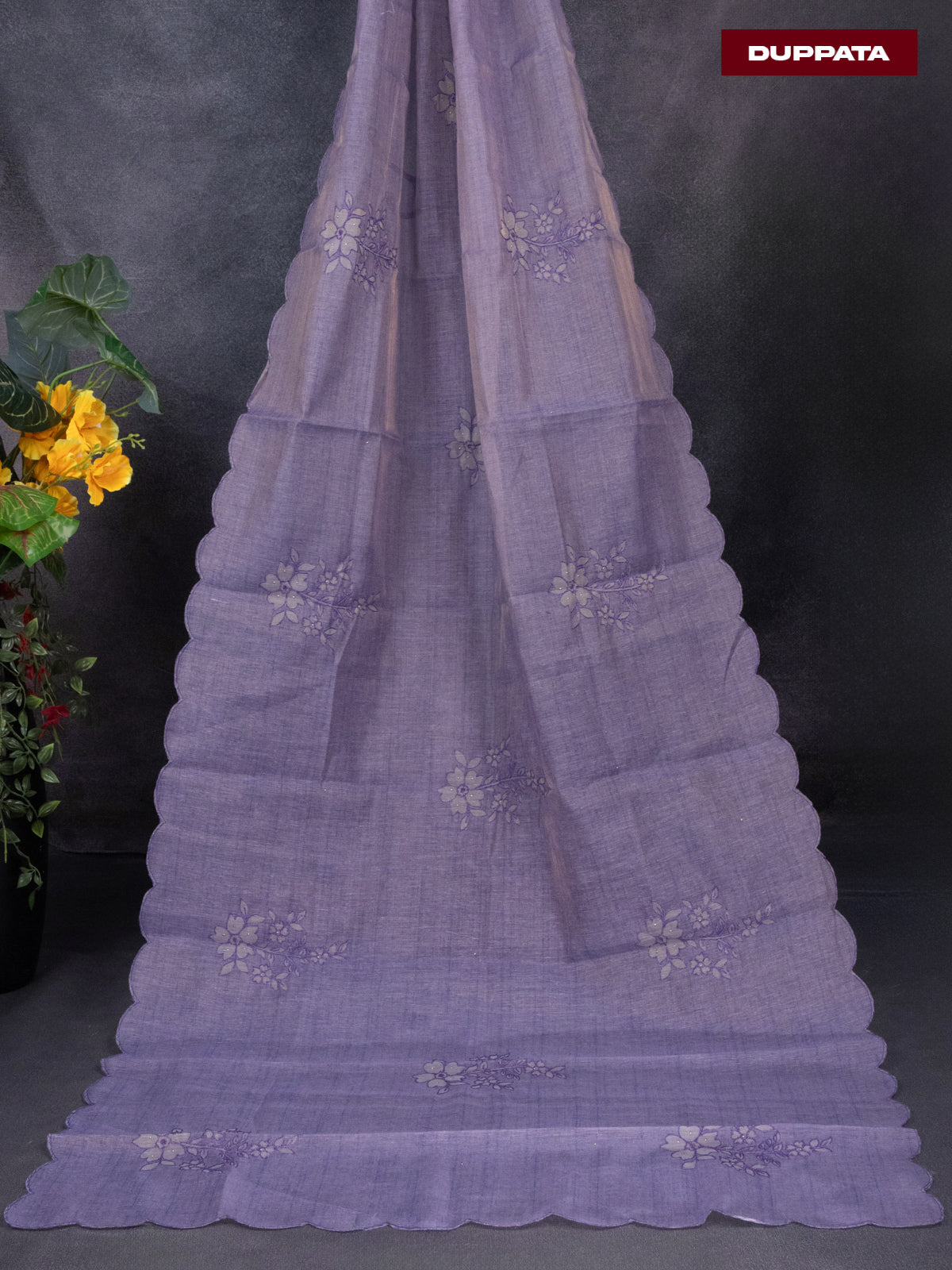 Tissue linen dress material purple shade with floral buttas & embroidery work neck pattern and bottom & dupatta