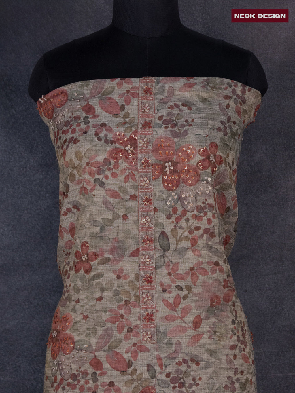 Tissue linen dress material beige and rust shade with kantha stich work & lace work border and bottom & dupatta