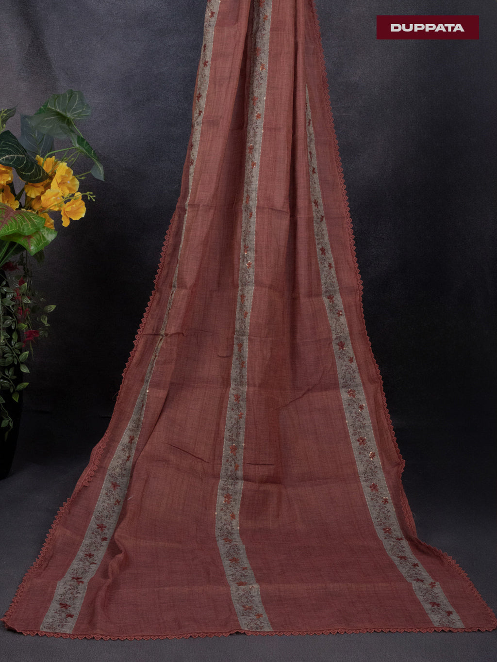 Tissue linen dress material beige and rust shade with kantha stich work & lace work border and bottom & dupatta