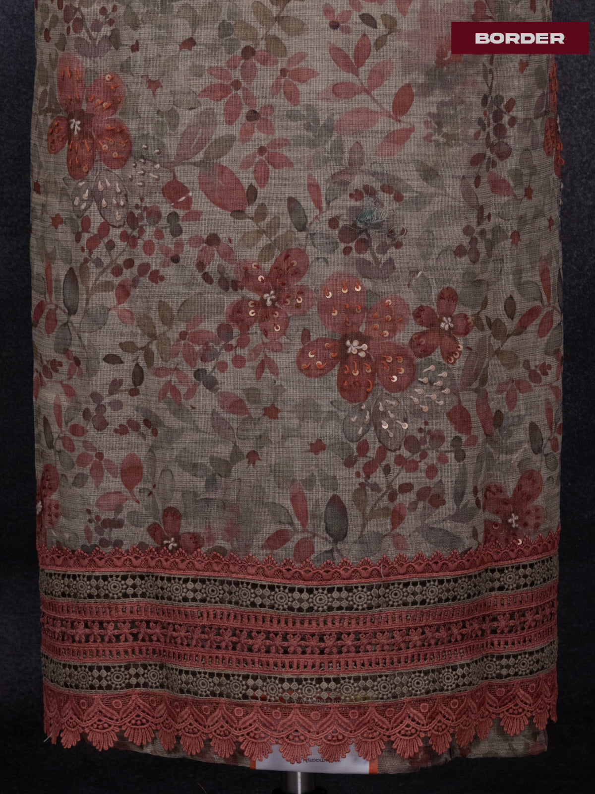 Tissue linen dress material beige and rust shade with kantha stich work & lace work border and bottom & dupatta