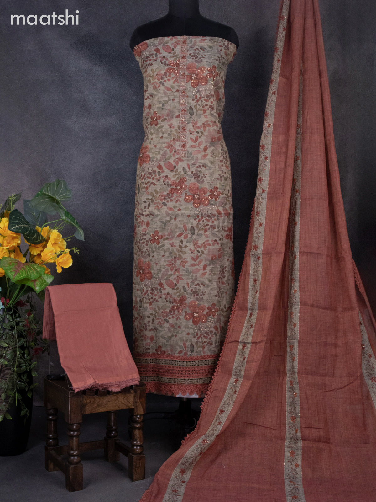 Tissue linen dress material beige and rust shade with kantha stich work & lace work border and bottom & dupatta