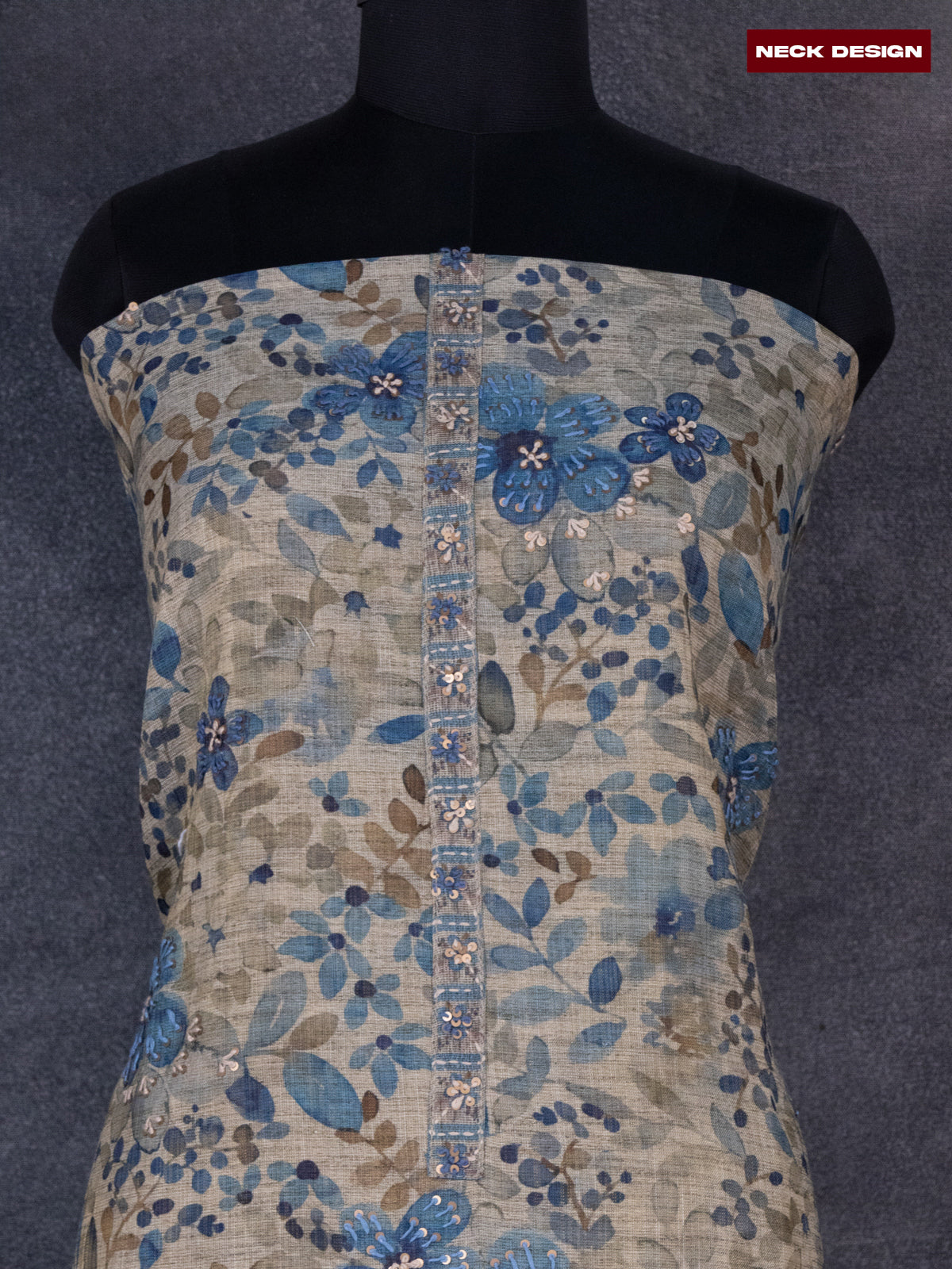 Tissue linen dress material beige and blue with kantha stich work & lace work border and bottom & dupatta
