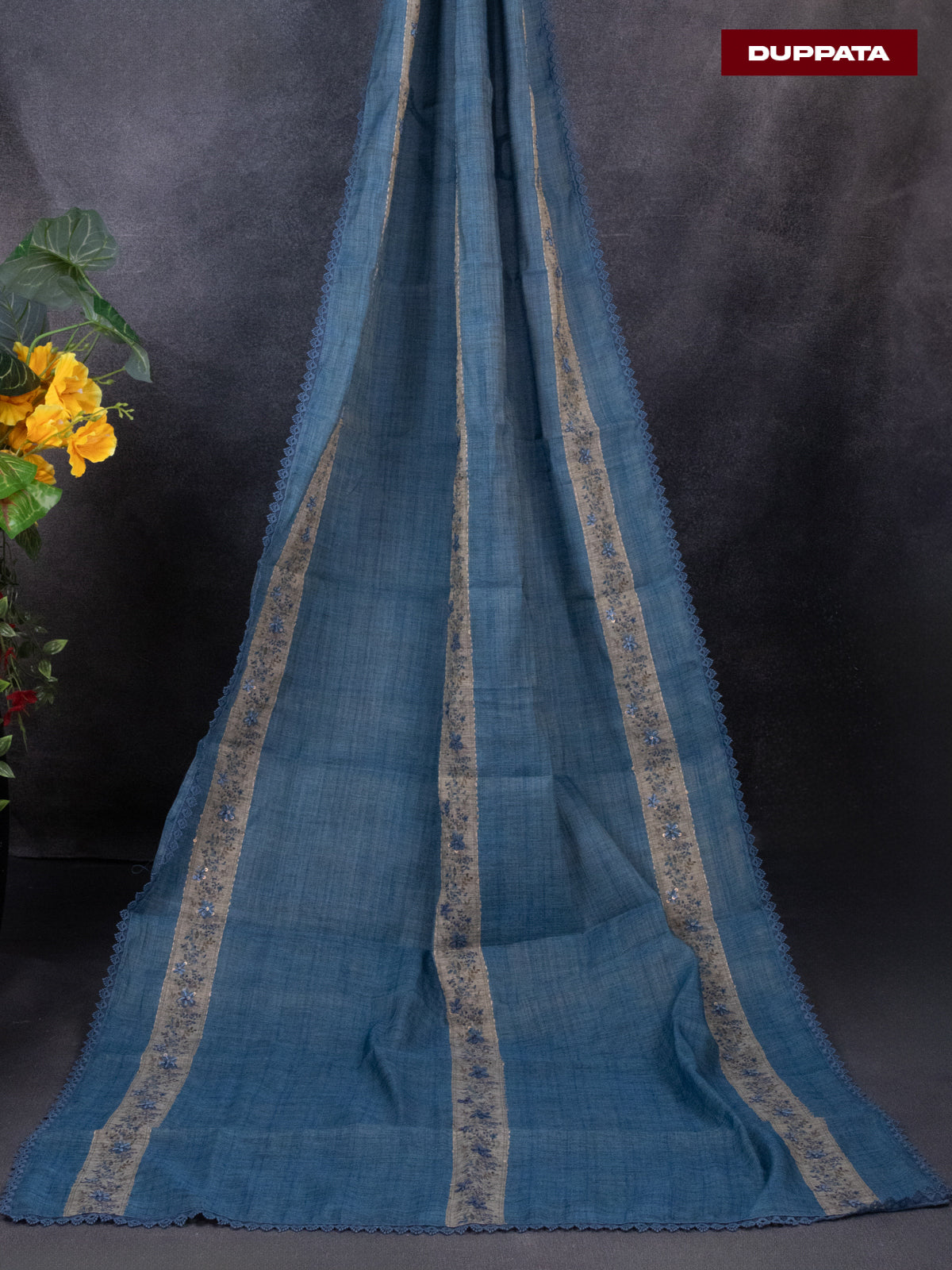 Tissue linen dress material beige and blue with kantha stich work & lace work border and bottom & dupatta