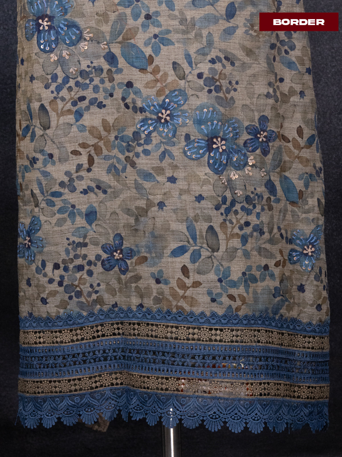 Tissue linen dress material beige and blue with kantha stich work & lace work border and bottom & dupatta
