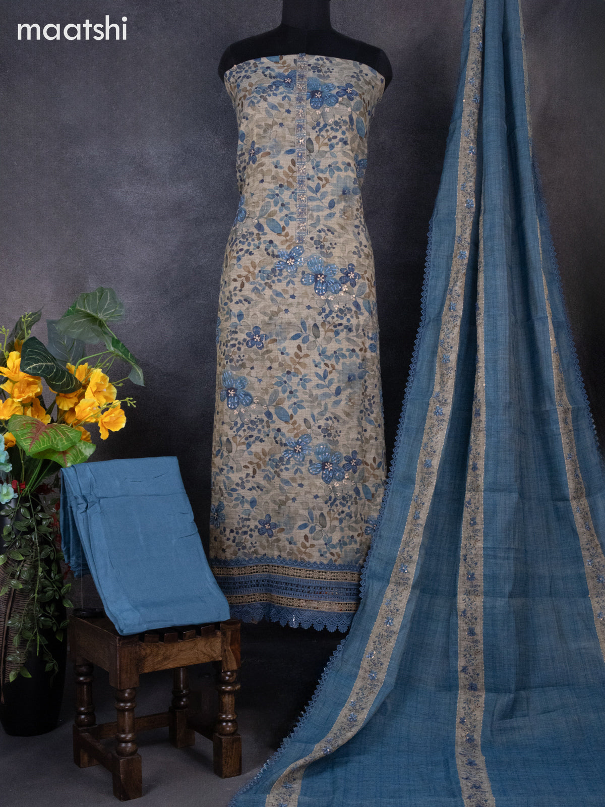 Tissue linen dress material beige and blue with kantha stich work & lace work border and bottom & dupatta