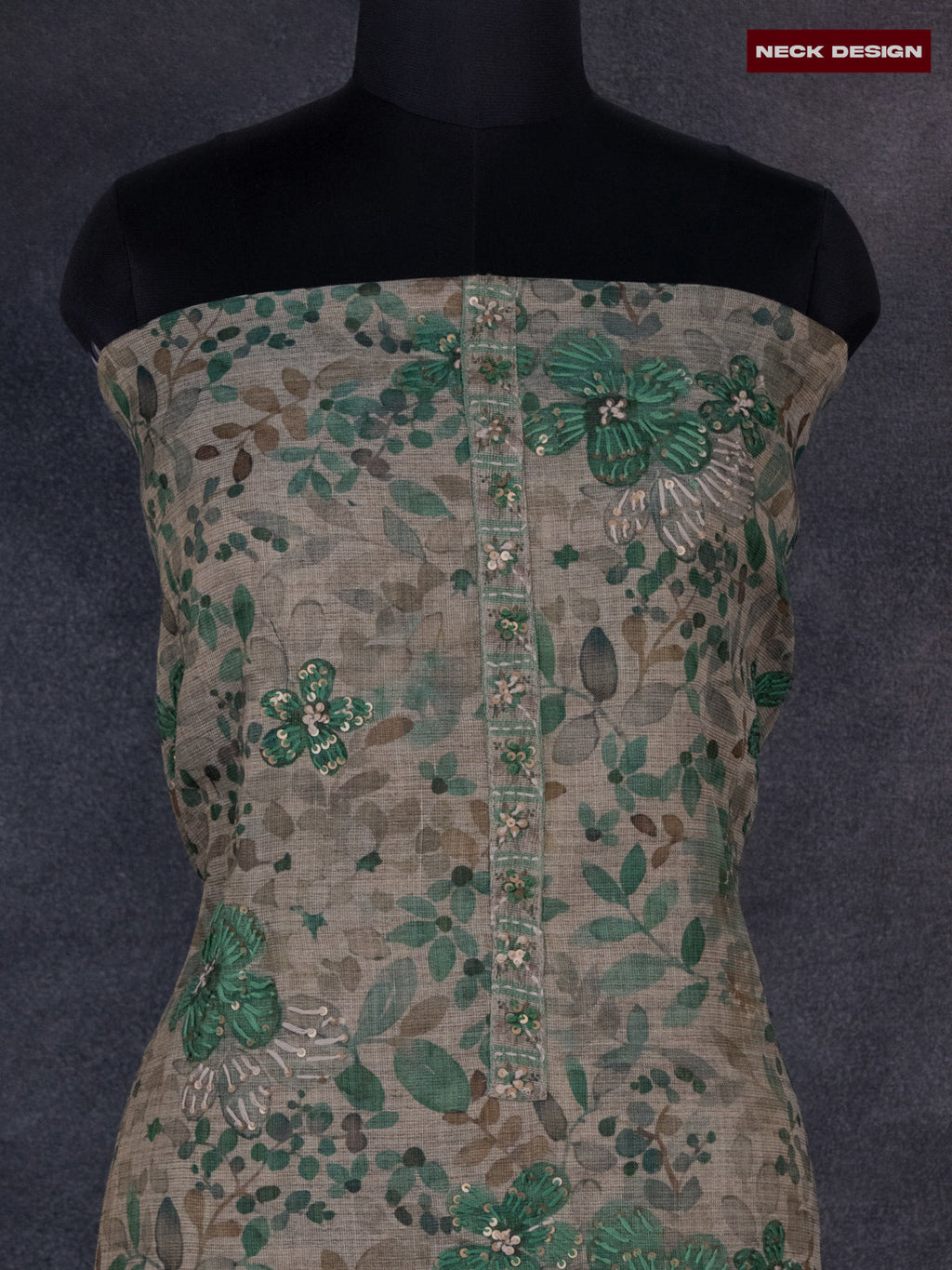 Tissue linen dress material beige and sap green with kantha stich work & lace work border and bottom & dupatta