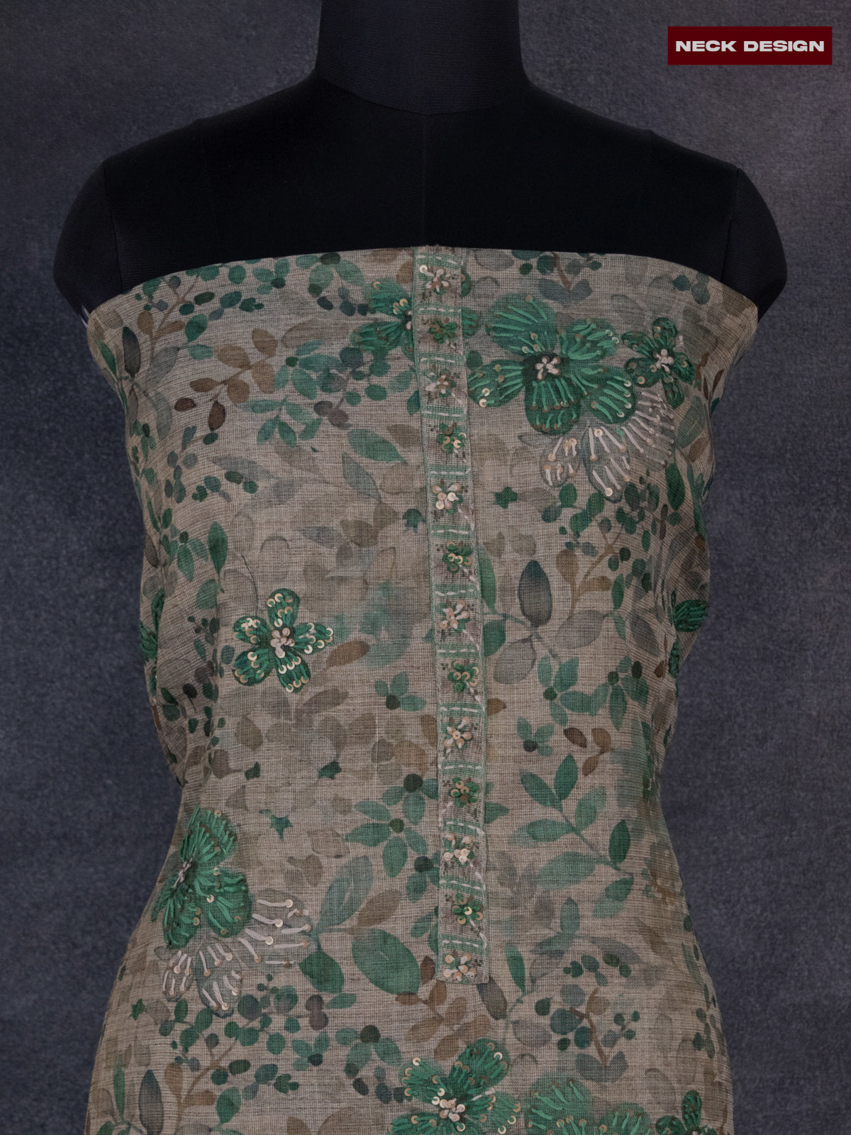 Tissue linen dress material beige and sap green with kantha stich work & lace work border and bottom & dupatta