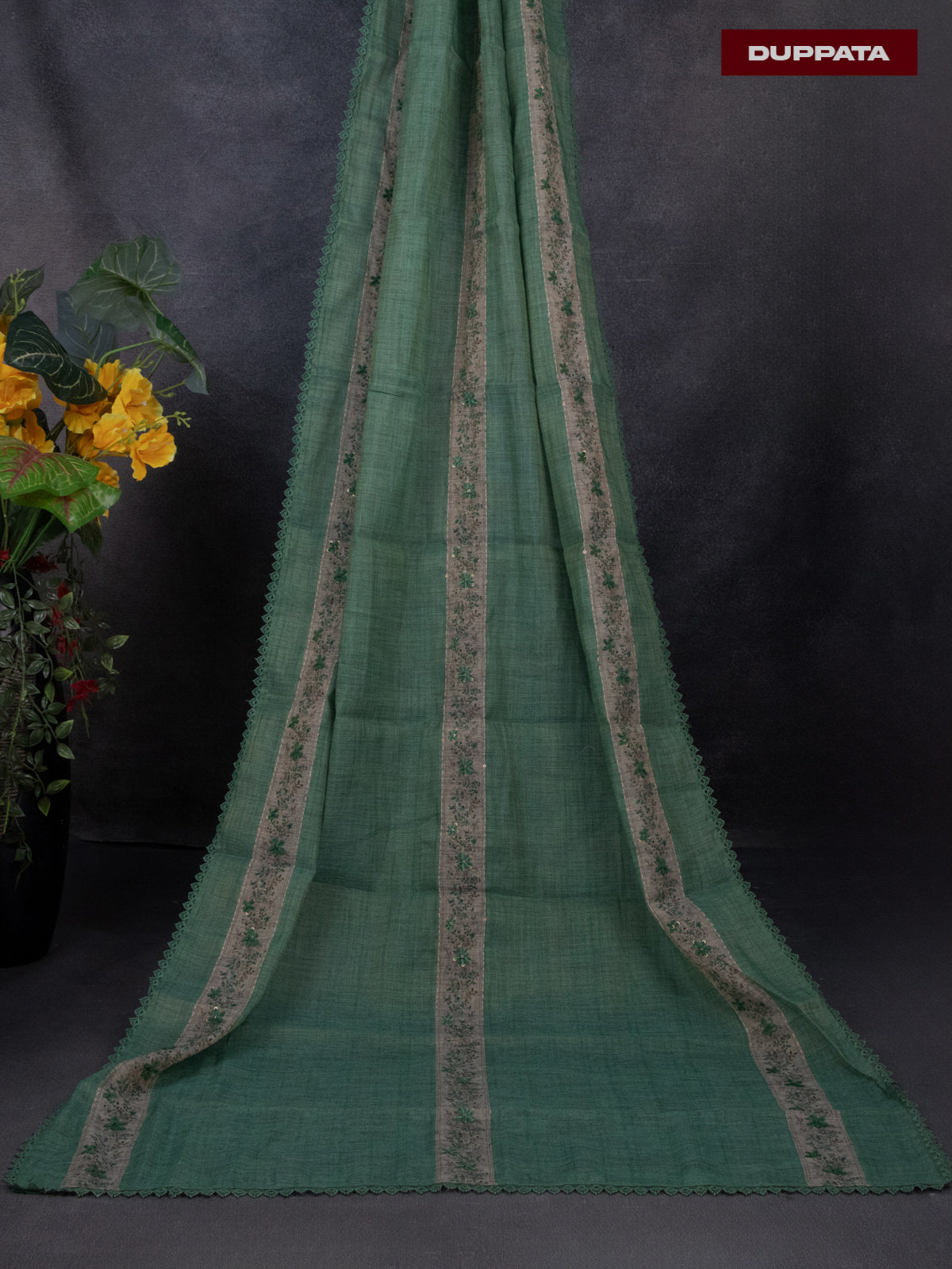 Tissue linen dress material beige and sap green with kantha stich work & lace work border and bottom & dupatta