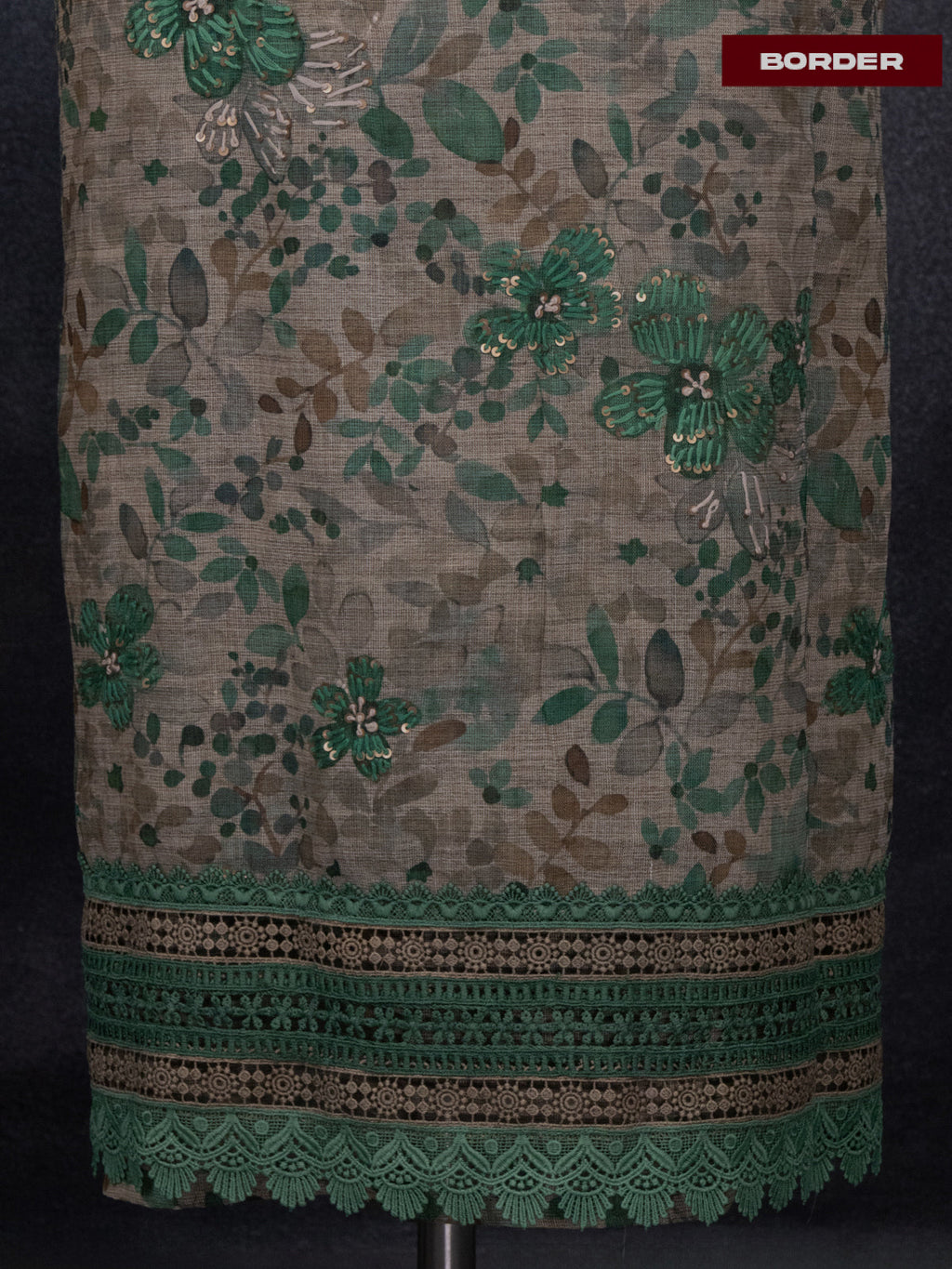 Tissue linen dress material beige and sap green with kantha stich work & lace work border and bottom & dupatta