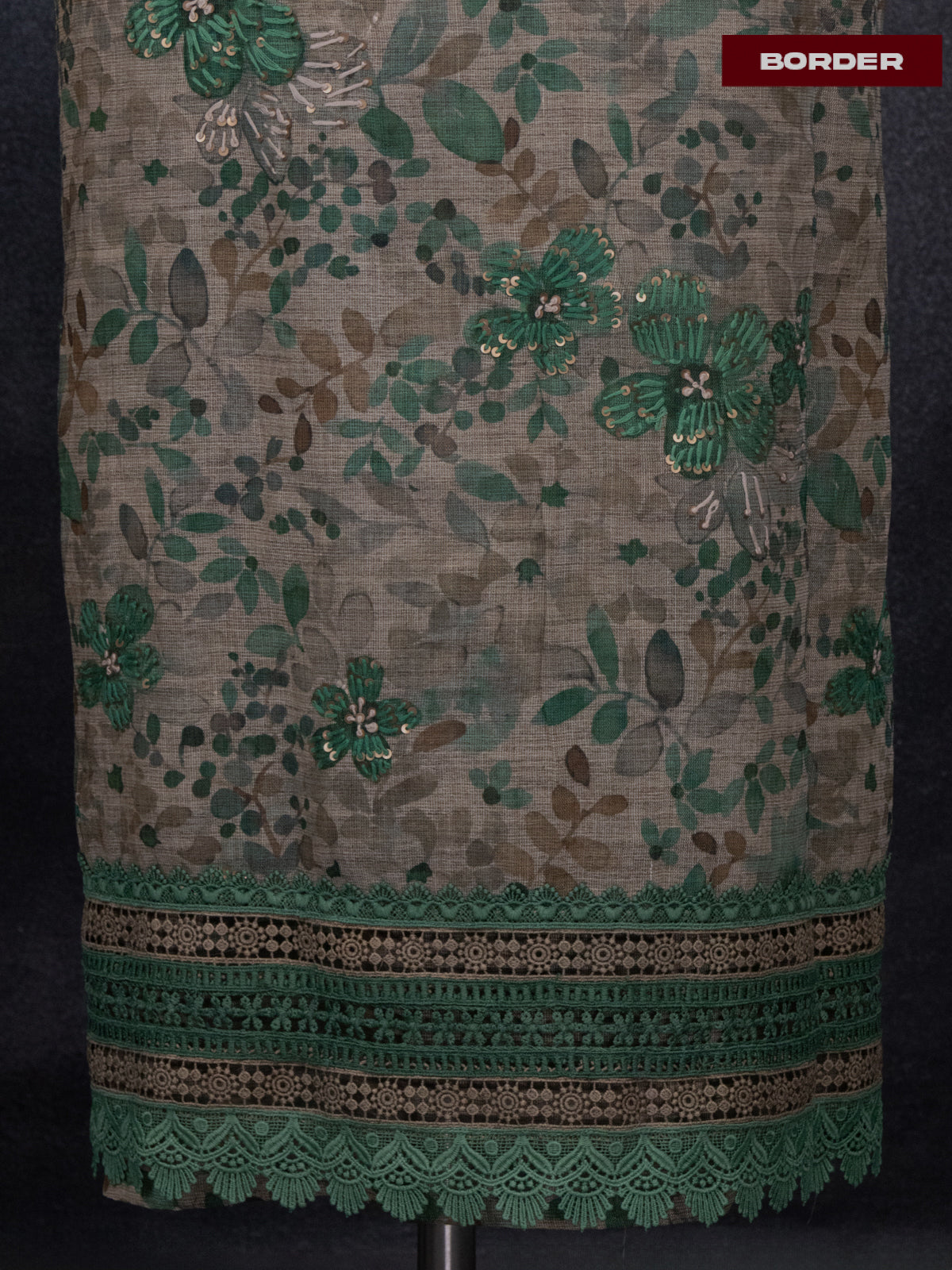 Tissue linen dress material beige and sap green with kantha stich work & lace work border and bottom & dupatta