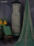 Tissue linen dress material beige and sap green with kantha stich work & lace work border and bottom & dupatta