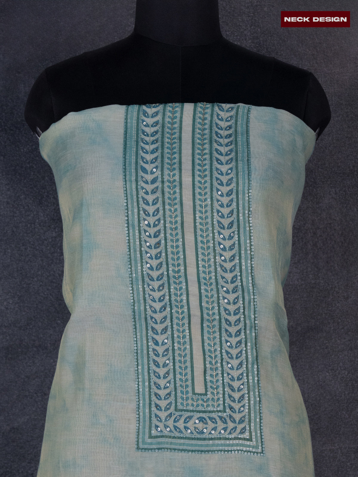 Tissue linen dress material teal blue shade with sequin & zardosi work neck pattern and bottom & printed dupatta