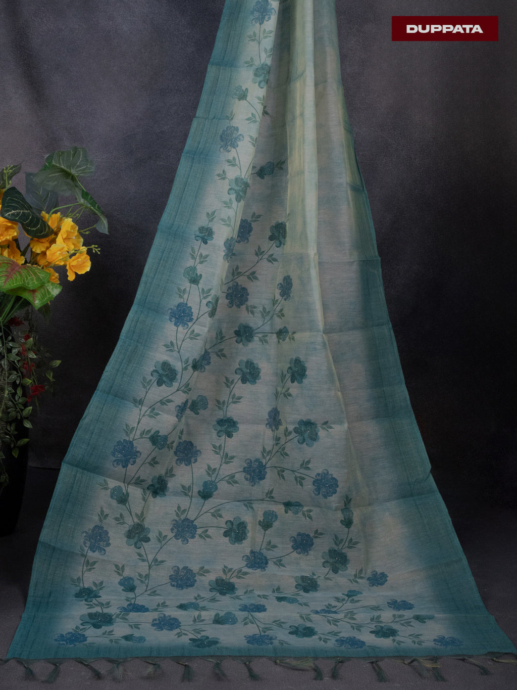 Tissue linen dress material teal blue shade with sequin & zardosi work neck pattern and bottom & printed dupatta