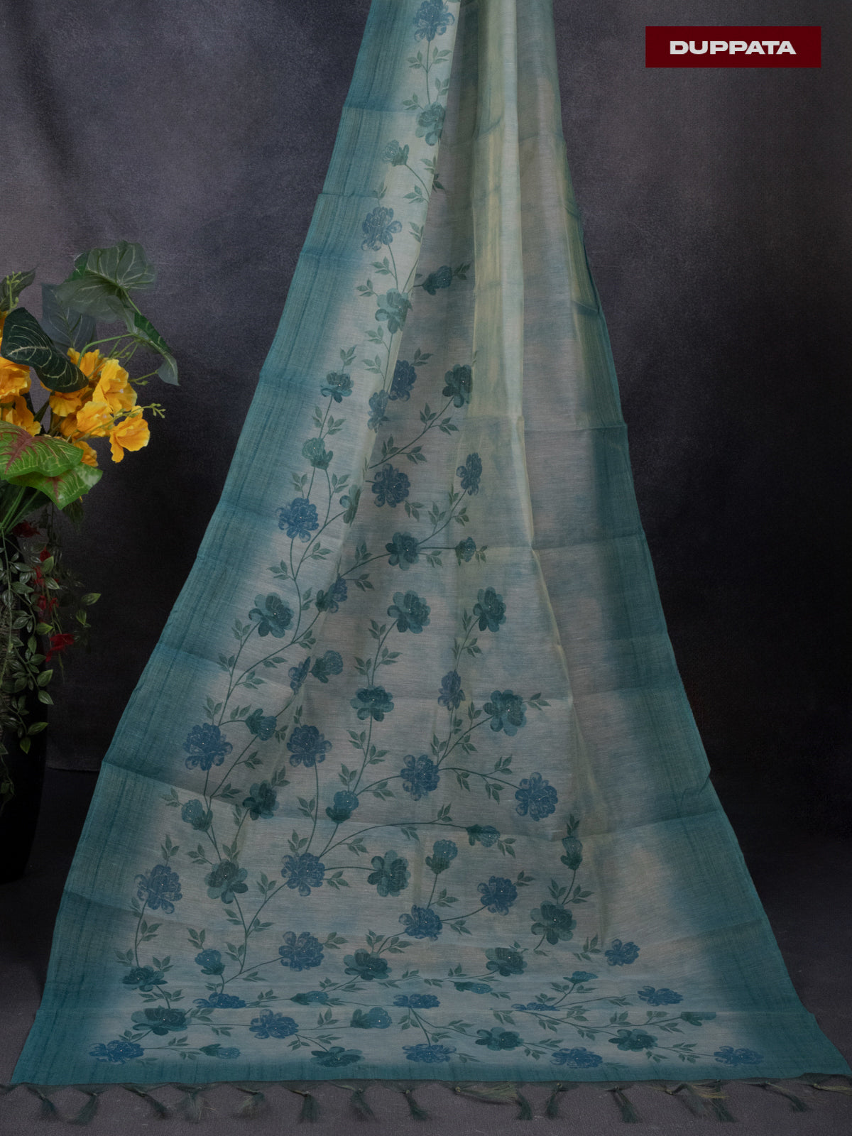 Tissue linen dress material teal blue shade with sequin & zardosi work neck pattern and bottom & printed dupatta