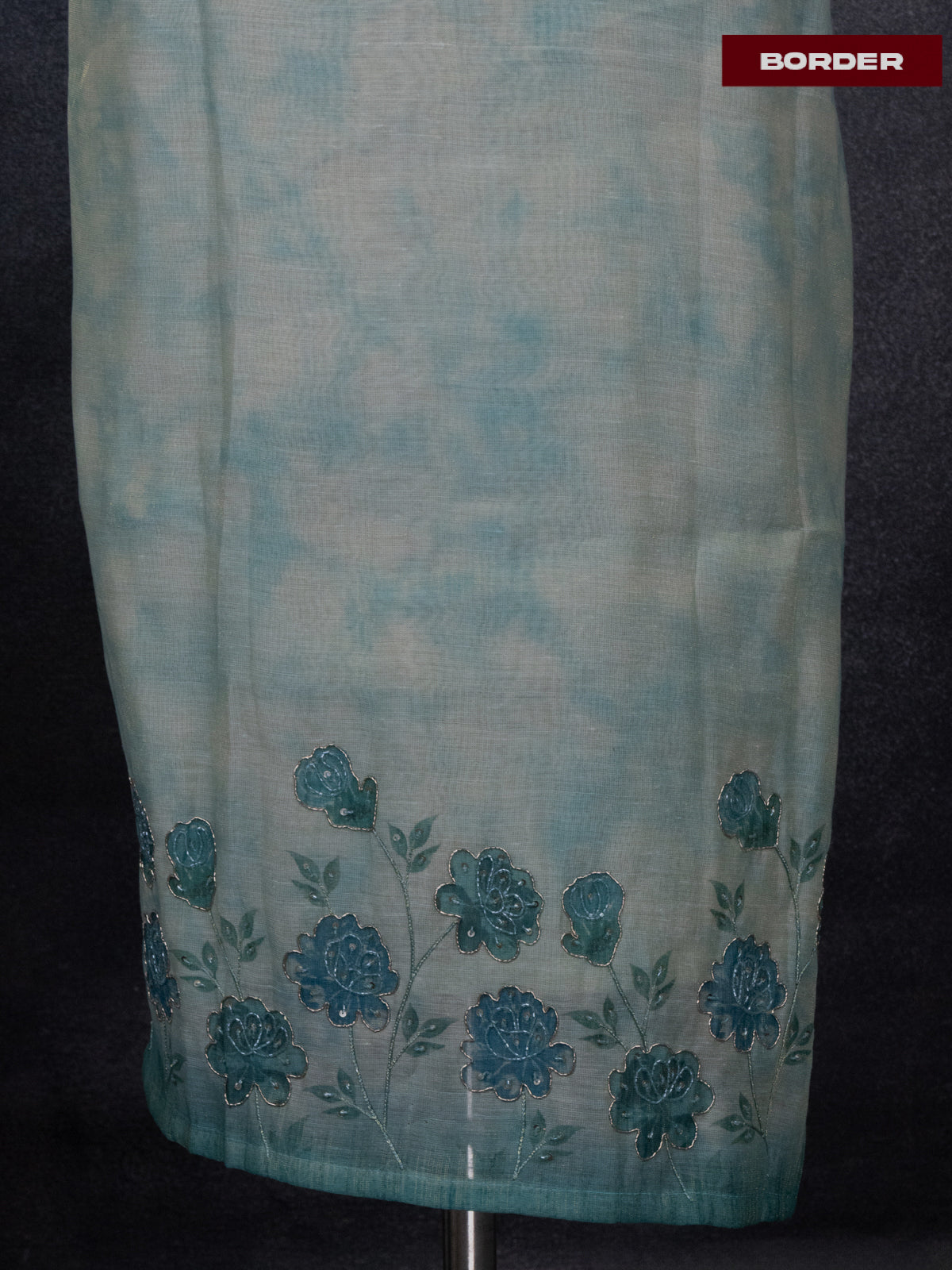 Tissue linen dress material teal blue shade with sequin & zardosi work neck pattern and bottom & printed dupatta