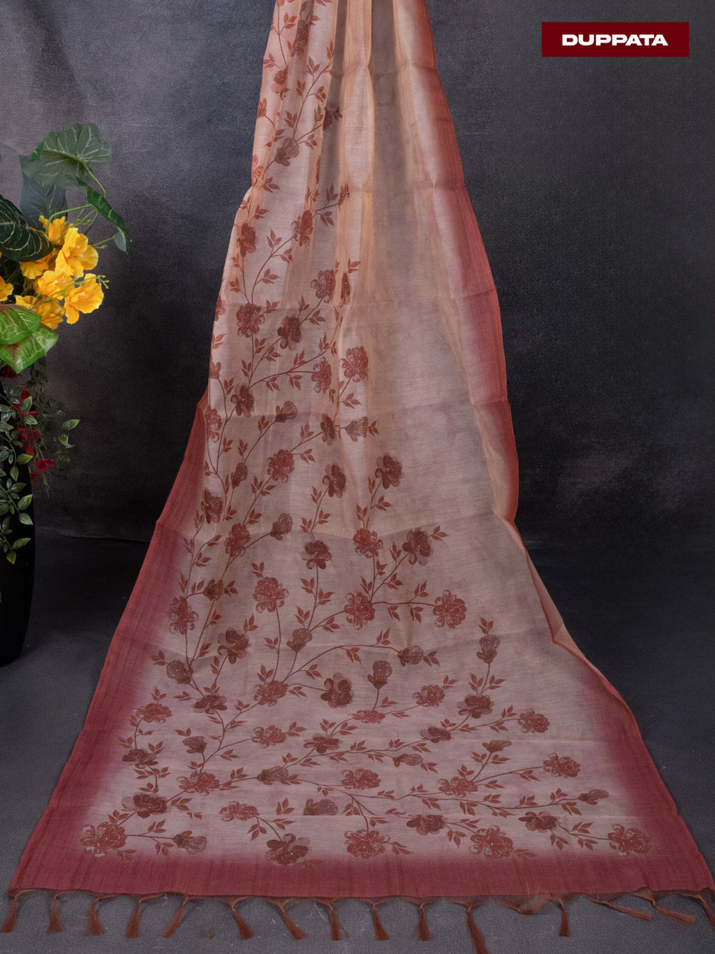 Tissue linen dress material pastle pink with sequin & zardosi work neck pattern and bottom & printed dupatta