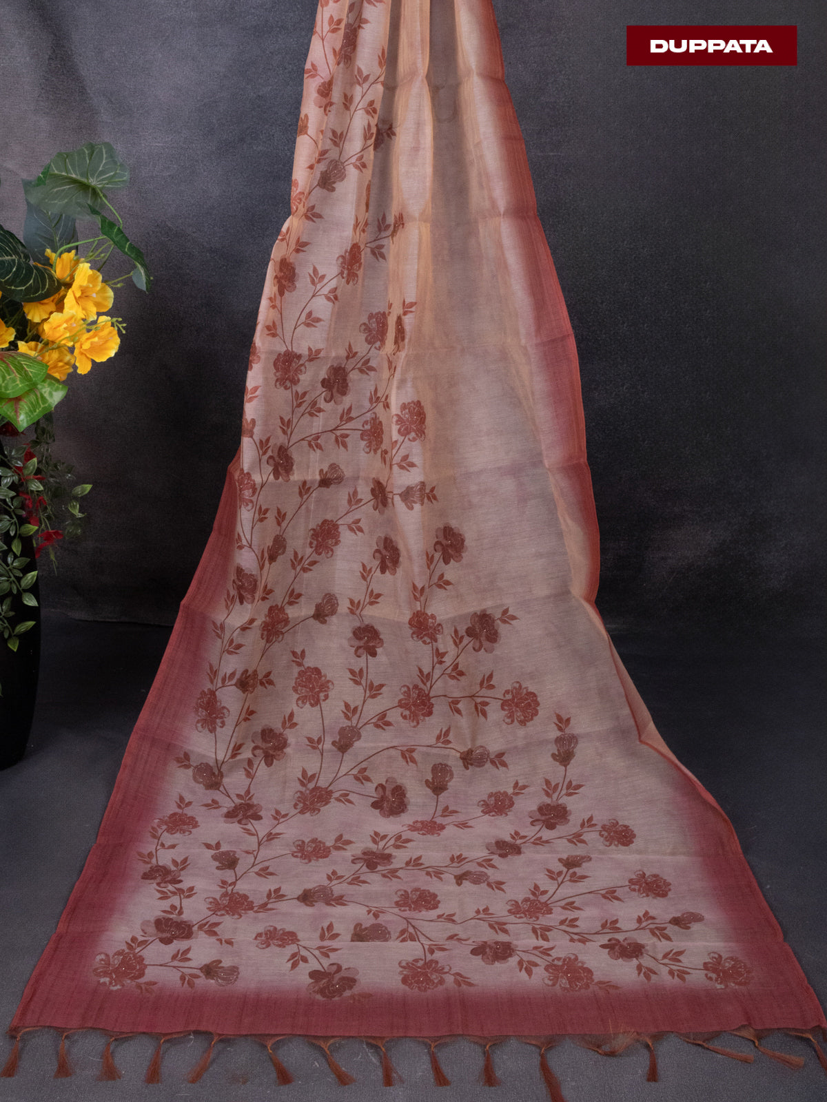 Tissue linen dress material pastle pink with sequin & zardosi work neck pattern and bottom & printed dupatta