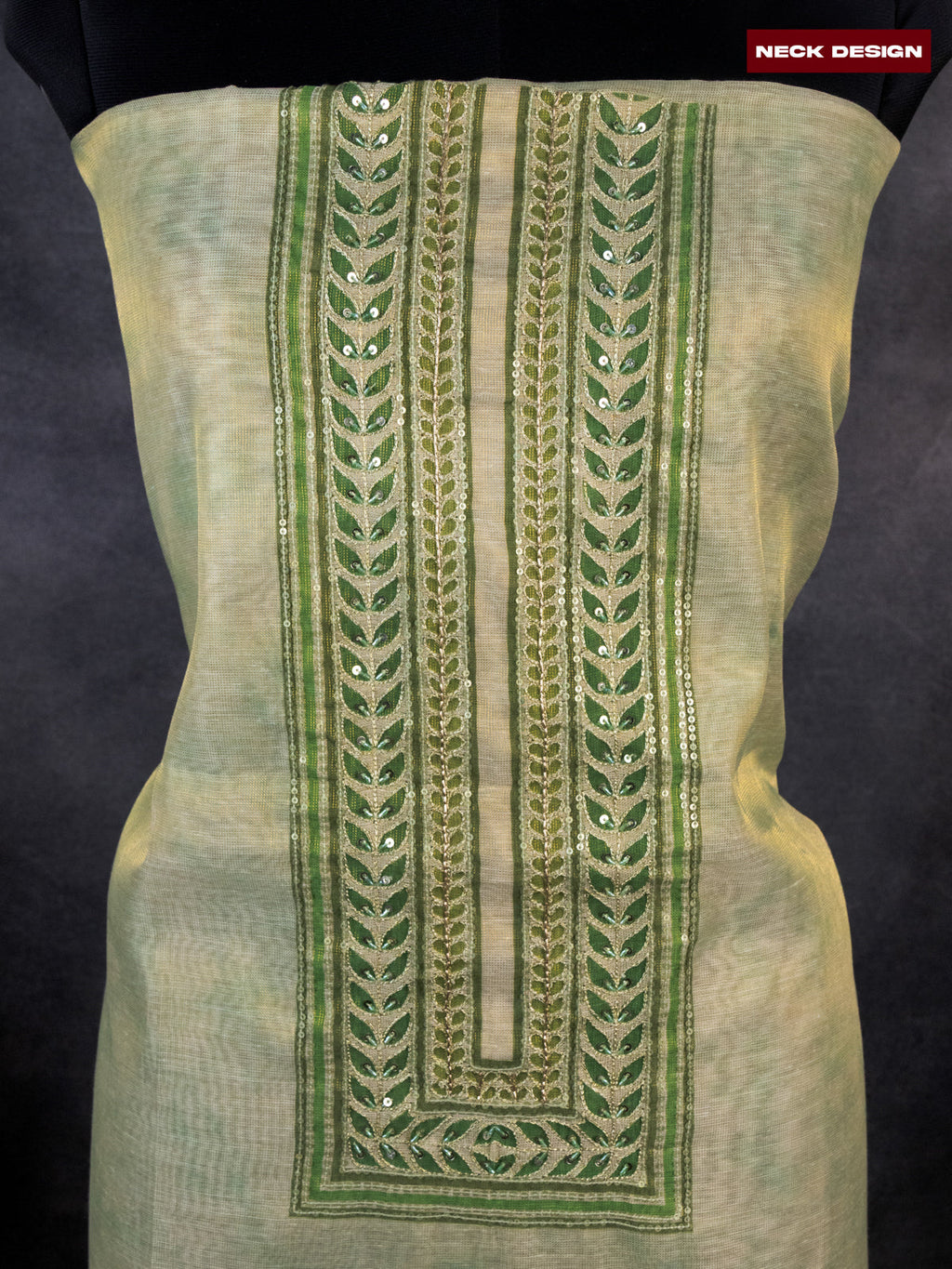 Tissue linen dress material pastle green with sequin & zardosi work neck pattern and bottom & printed dupatta