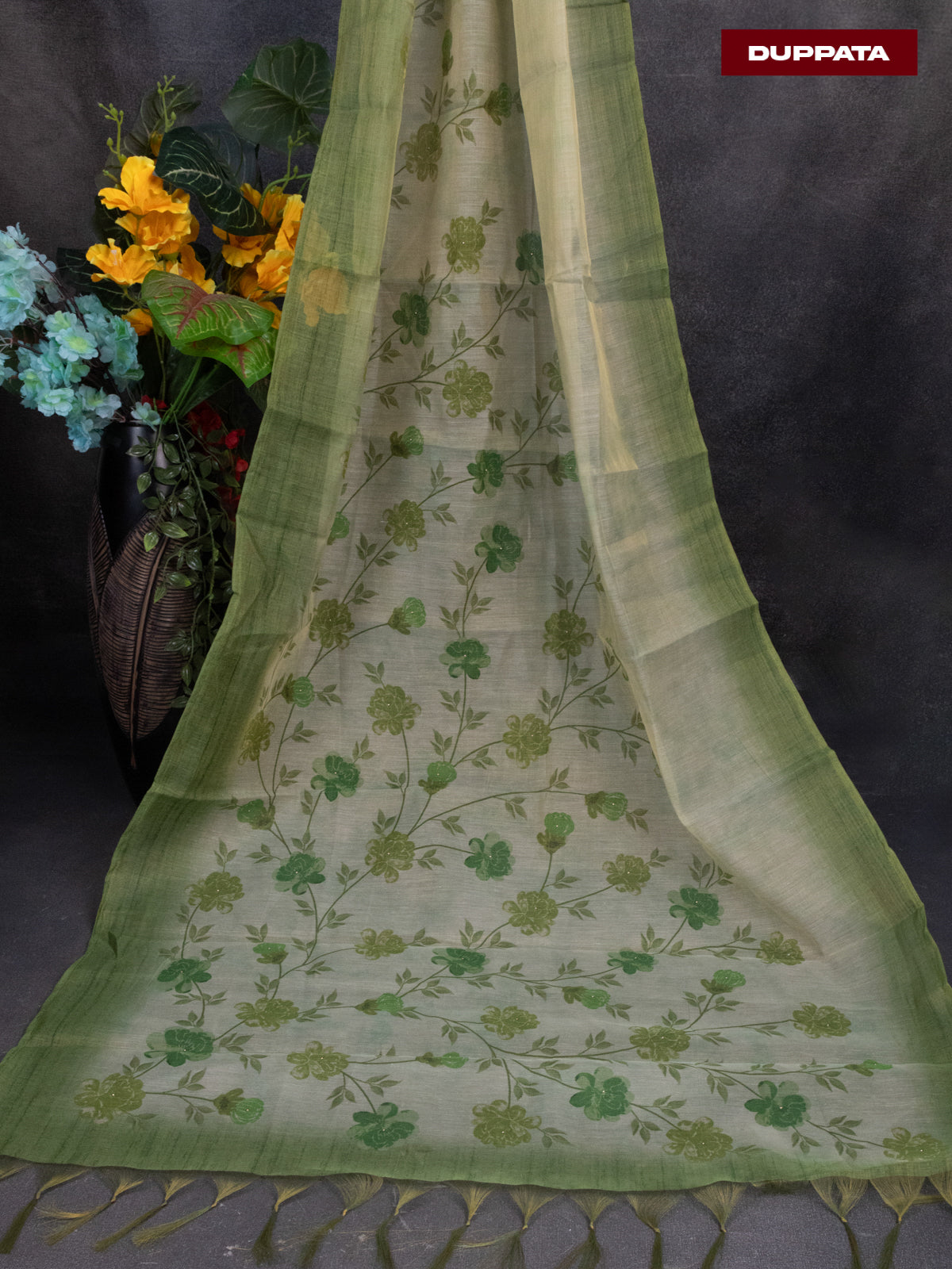 Tissue linen dress material pastle green with sequin & zardosi work neck pattern and bottom & printed dupatta