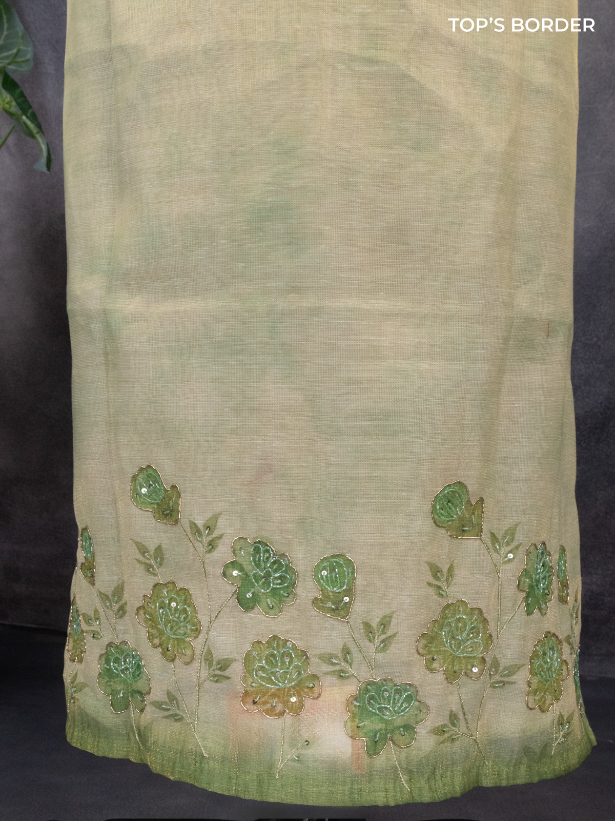 Tissue linen dress material pastle green with sequin & zardosi work neck pattern and bottom & printed dupatta