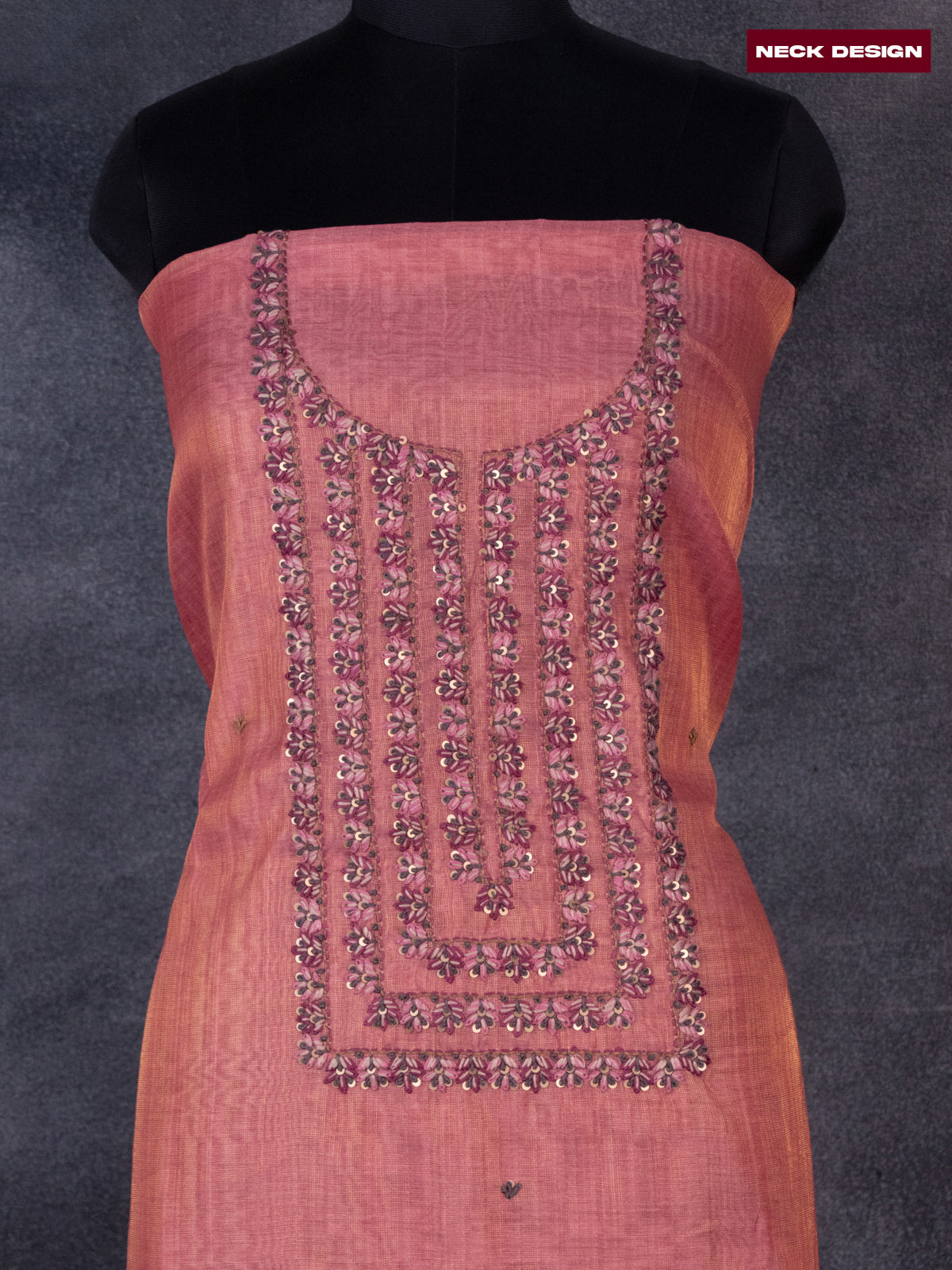 Tissue linen dress material peach pink with sequin & kantha stich work neck pattern and bottom & printed dupatta