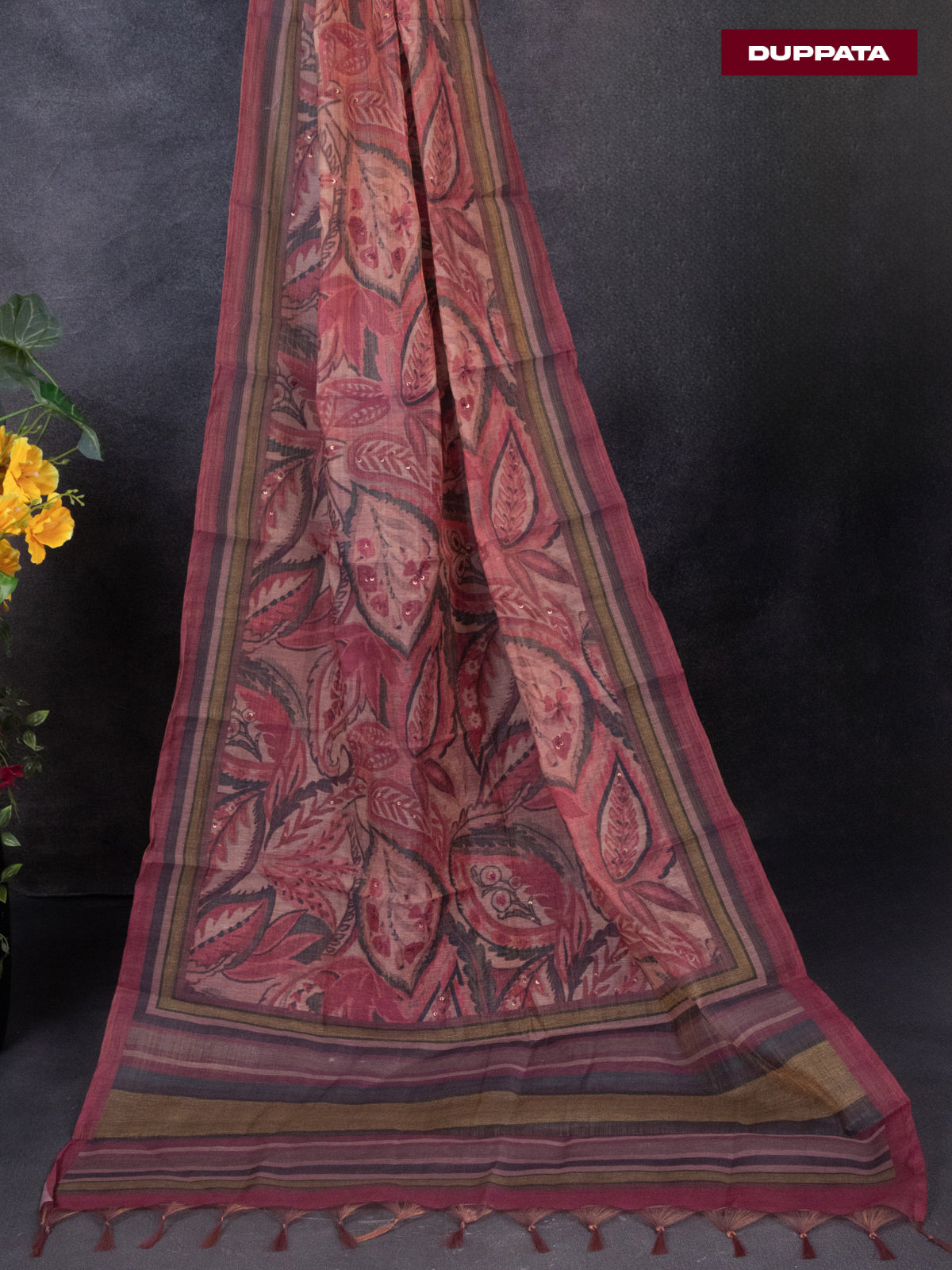Tissue linen dress material peach pink with sequin & kantha stich work neck pattern and bottom & printed dupatta