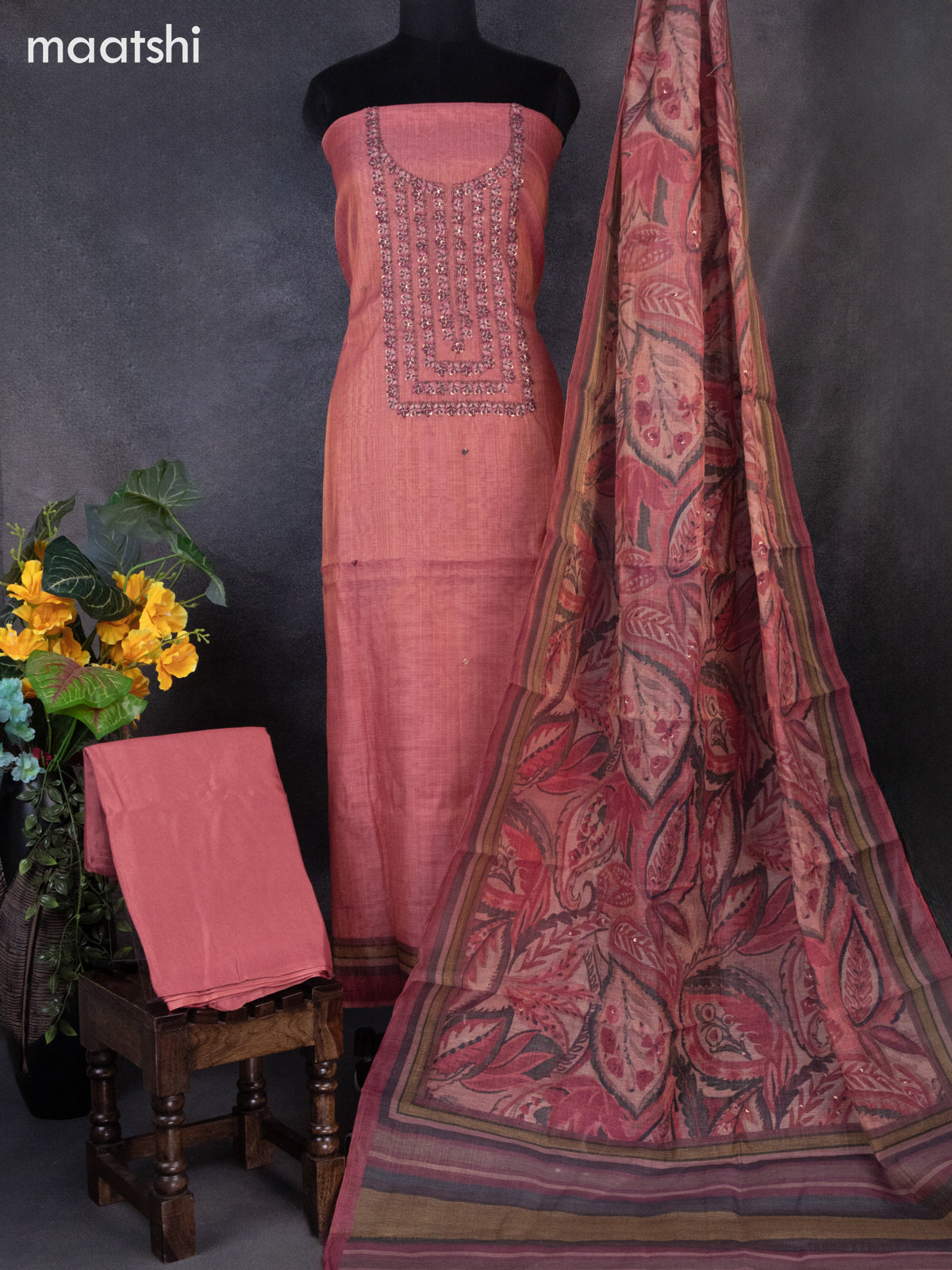 Tissue linen dress material peach pink with sequin & kantha stich work neck pattern and bottom & printed dupatta