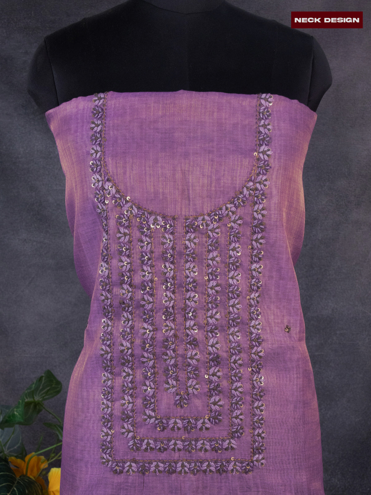 Tissue linen dress material purple shade with sequin & kantha stich work neck pattern and bottom & printed dupatta