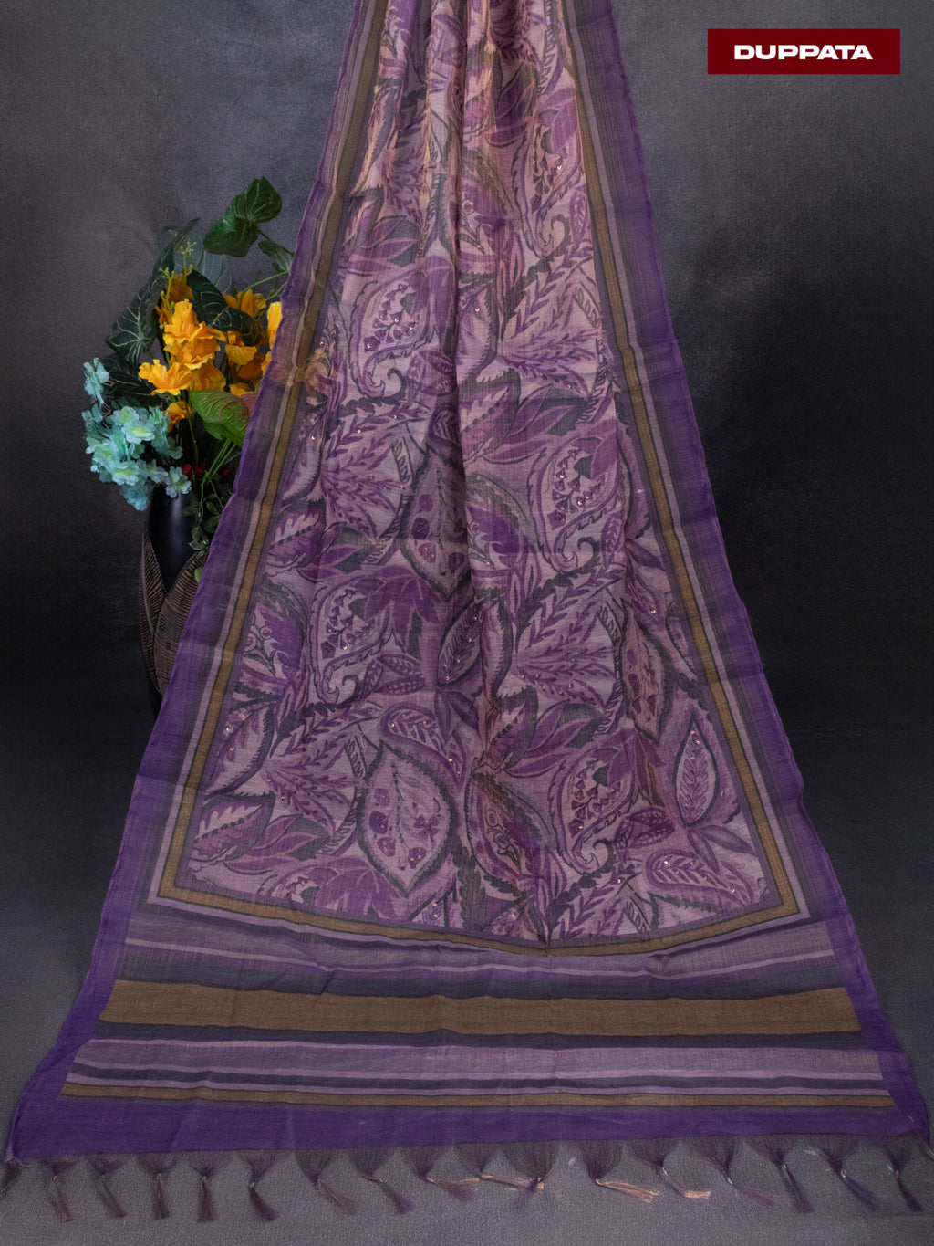 Tissue linen dress material purple shade with sequin & kantha stich work neck pattern and bottom & printed dupatta