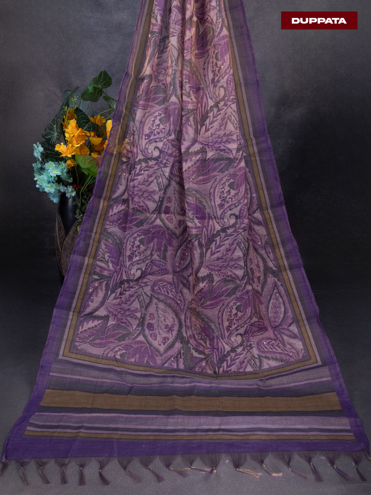 Tissue linen dress material purple shade with sequin & kantha stich work neck pattern and bottom & printed dupatta