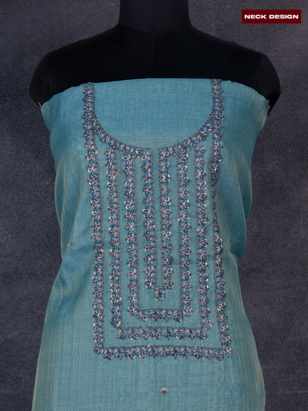 Tissue linen dress material teal blue with sequin & kantha stich work neck pattern and bottom & printed dupatta