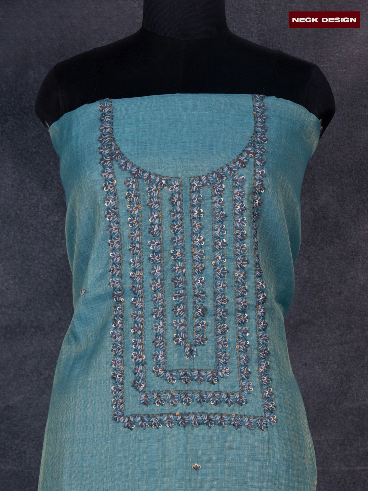 Tissue linen dress material teal blue with sequin & kantha stich work neck pattern and bottom & printed dupatta