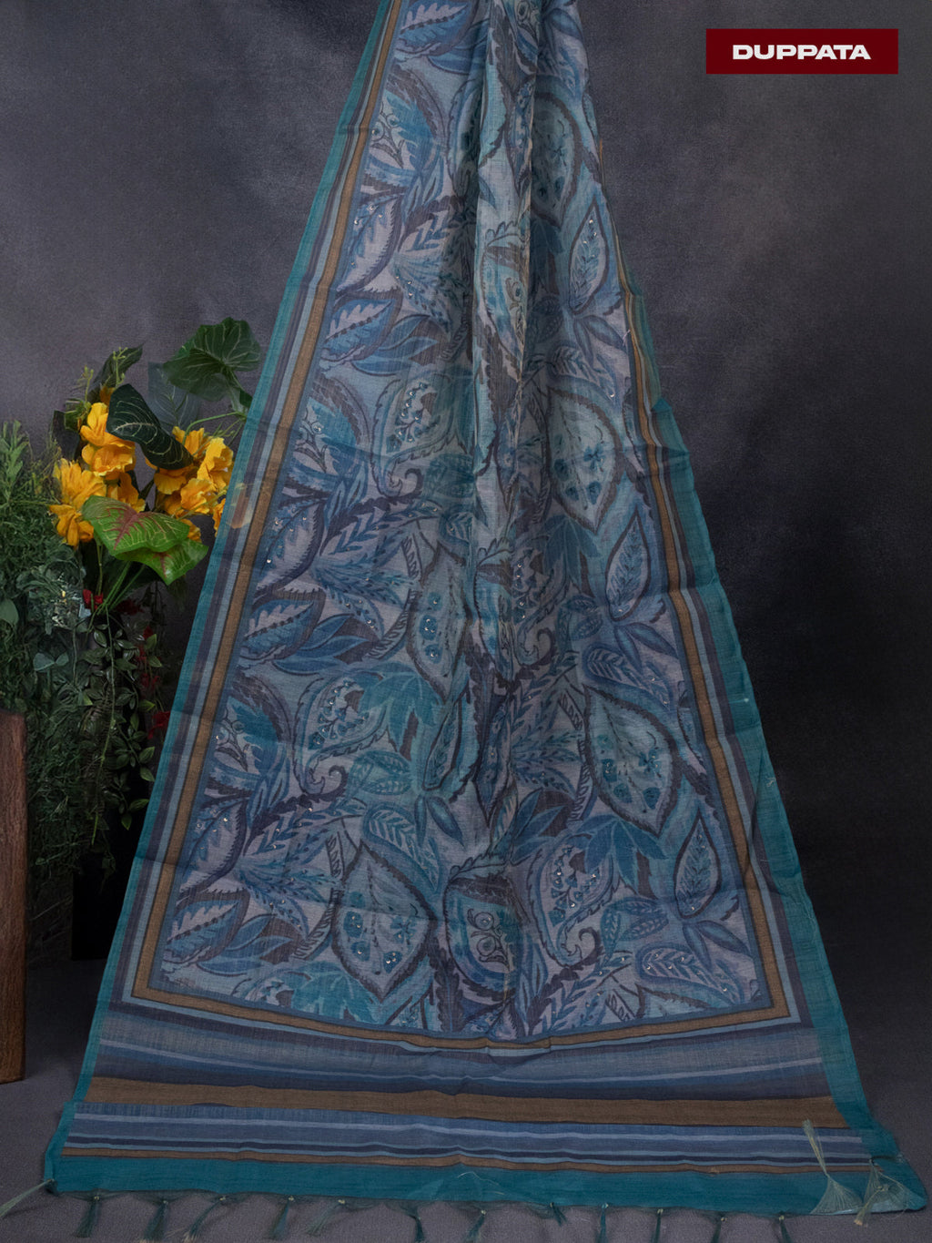 Tissue linen dress material teal blue with sequin & kantha stich work neck pattern and bottom & printed dupatta