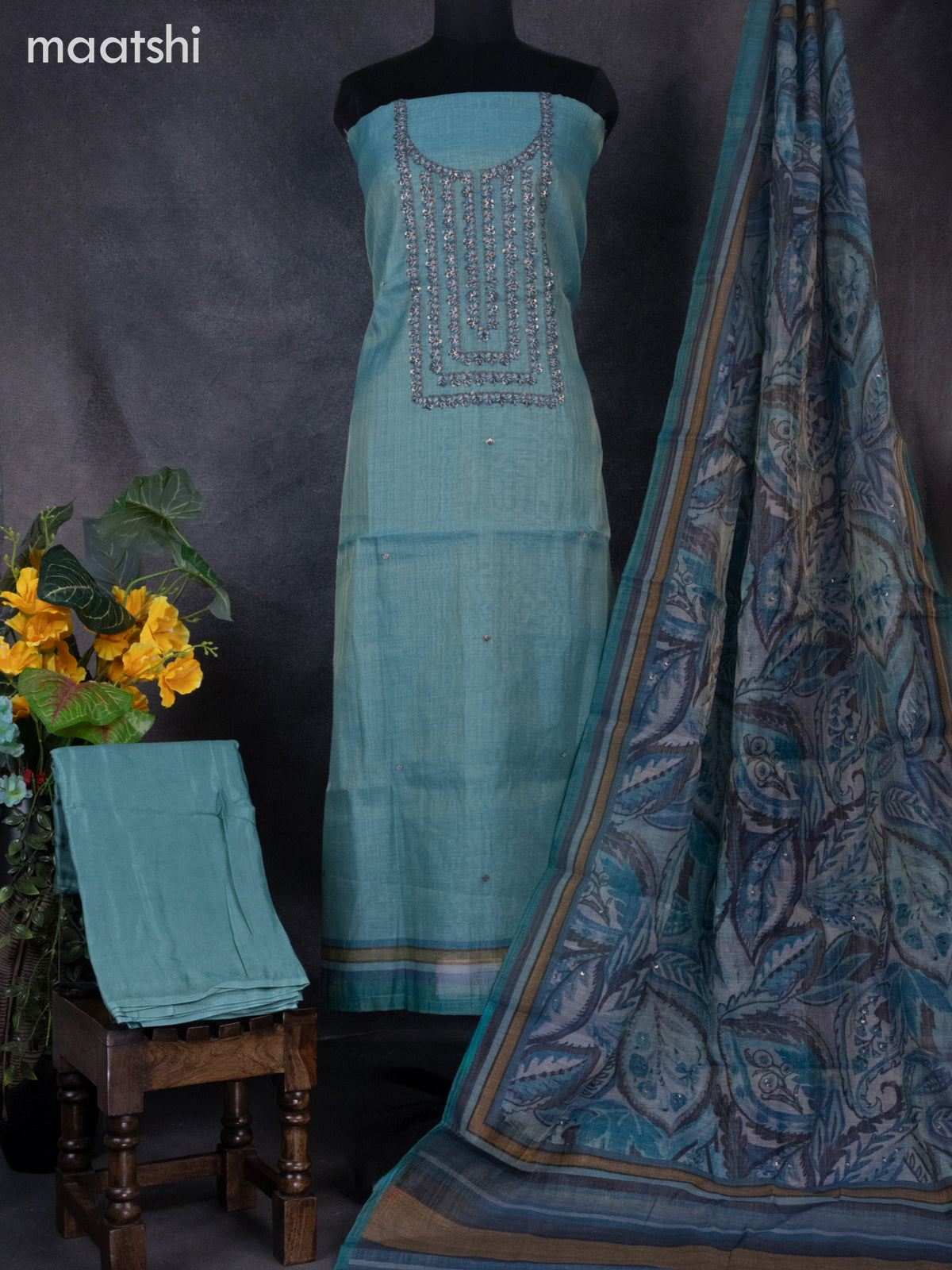 Tissue linen dress material teal blue with sequin & kantha stich work neck pattern and bottom & printed dupatta