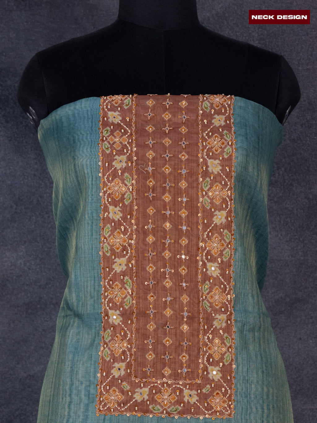 Tissue linen dress material peacock blue and brown with sequin & beaded zardosi work neck pattern and bottom & ikat print dupatta