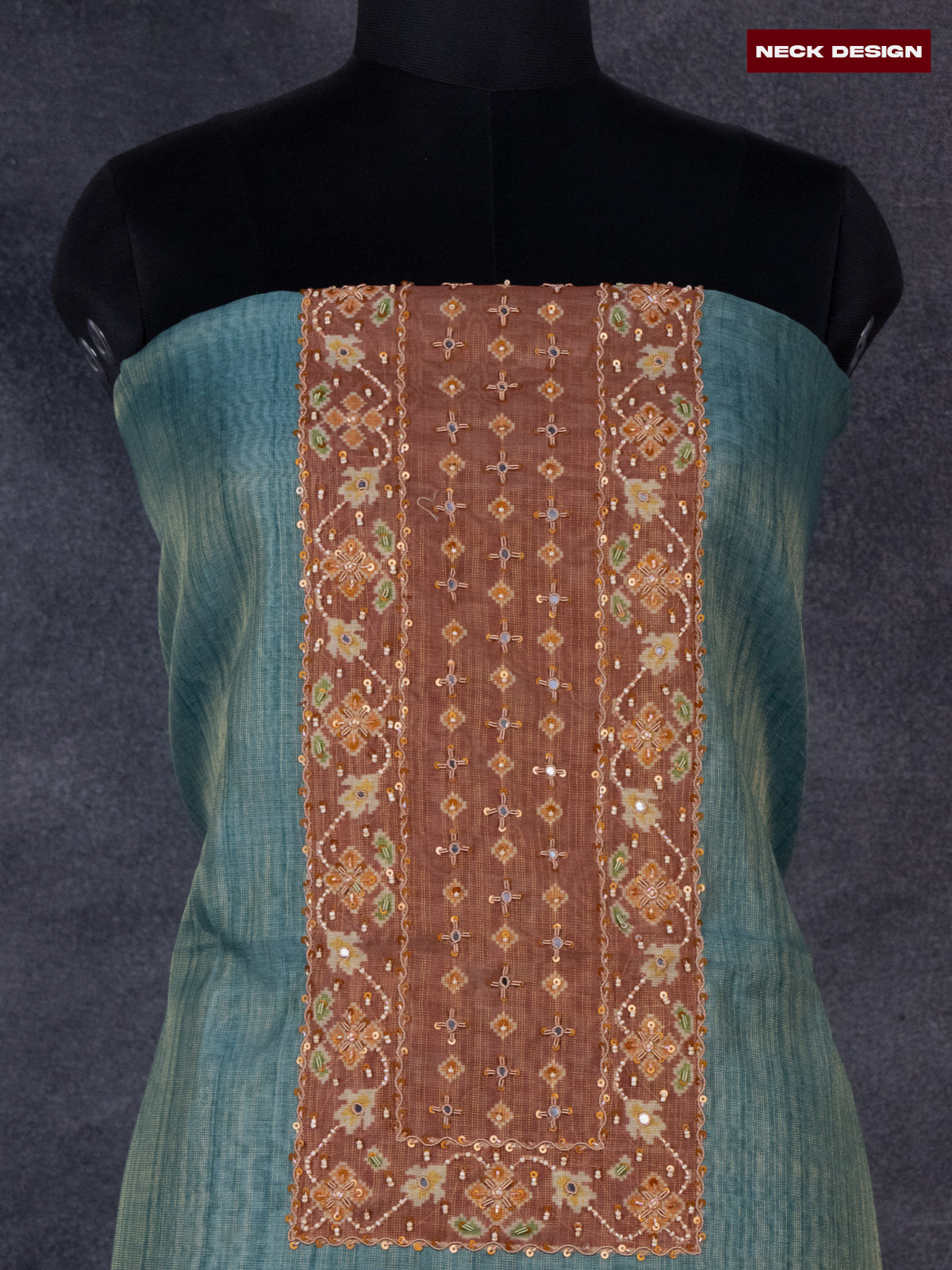 Tissue linen dress material peacock blue and brown with sequin & beaded zardosi work neck pattern and bottom & ikat print dupatta