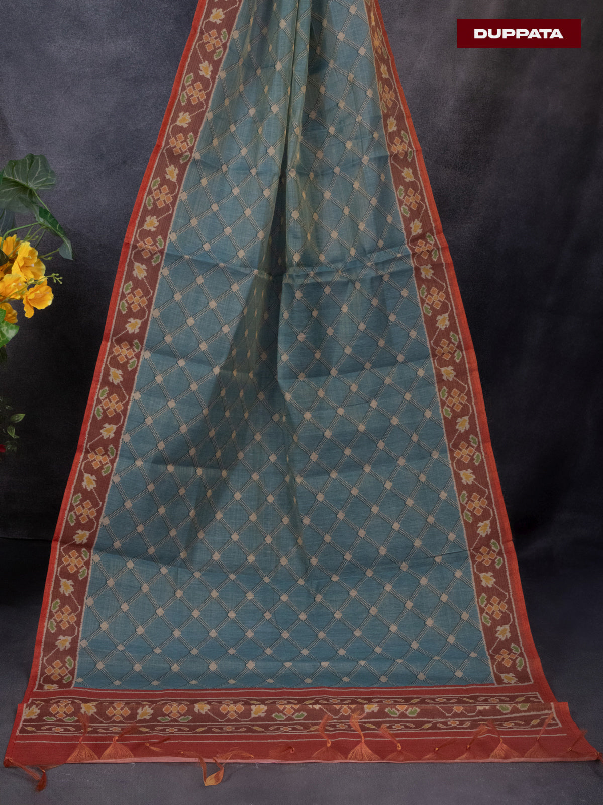 Tissue linen dress material peacock blue and brown with sequin & beaded zardosi work neck pattern and bottom & ikat print dupatta