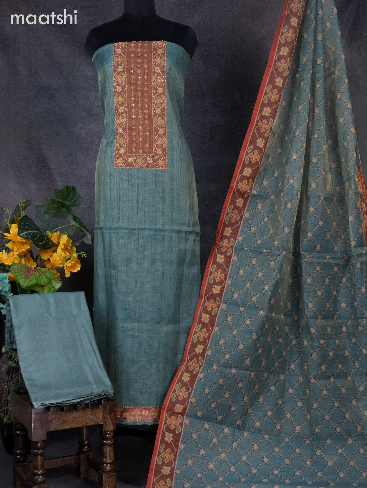 Tissue linen dress material peacock blue and brown with sequin & beaded zardosi work neck pattern and bottom & ikat print dupatta