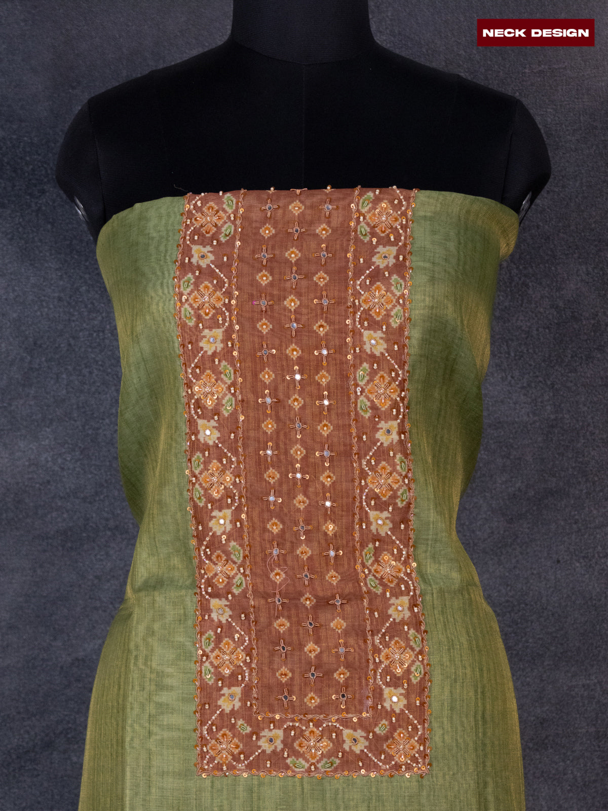 Tissue linen dress material green and brown with sequin & beaded zardosi work neck pattern and bottom & ikat print dupatta