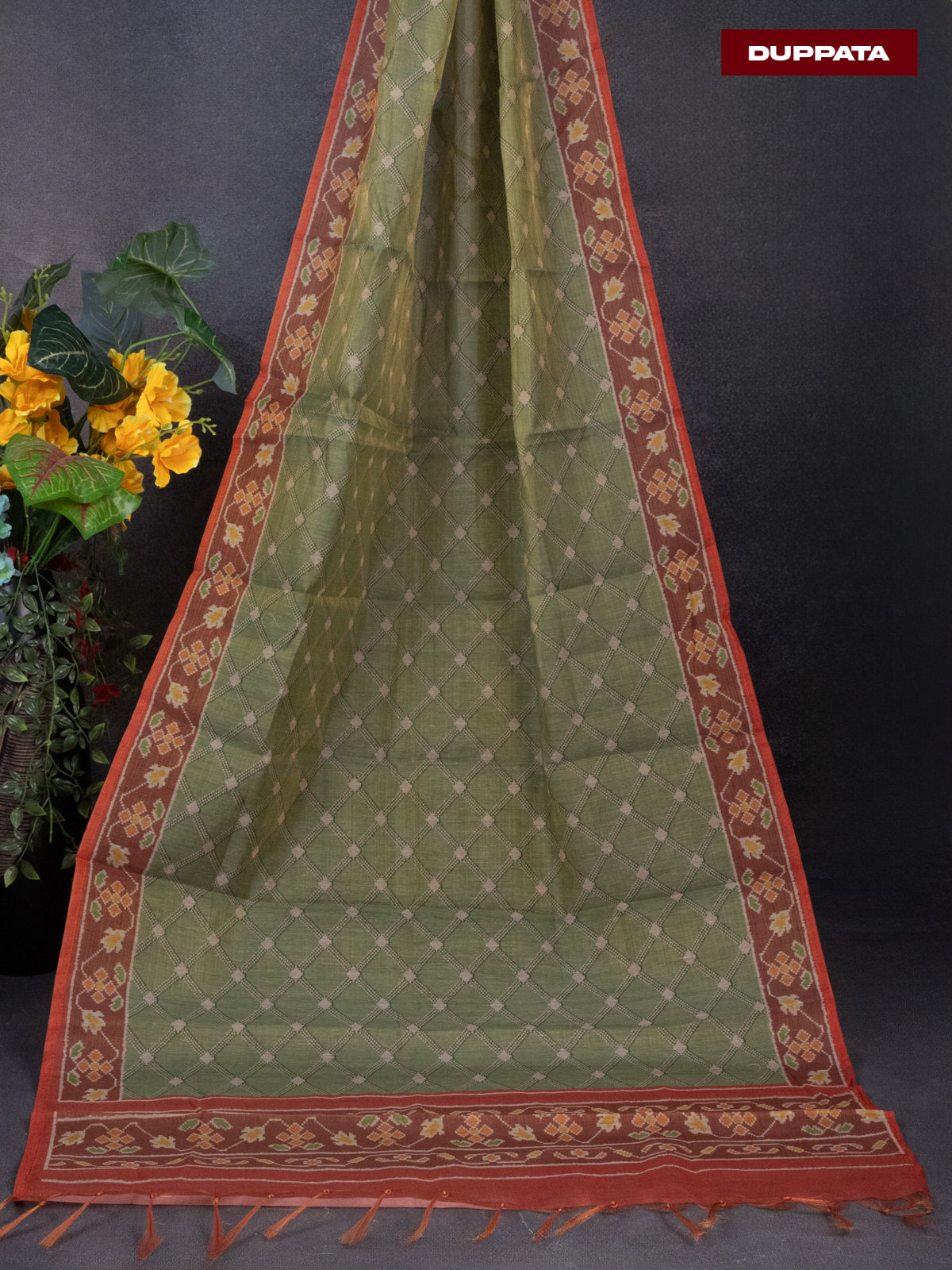 Tissue linen dress material green and brown with sequin & beaded zardosi work neck pattern and bottom & ikat print dupatta