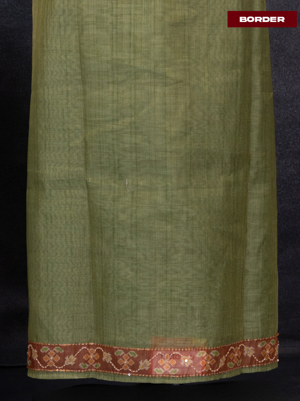 Tissue linen dress material green and brown with sequin & beaded zardosi work neck pattern and bottom & ikat print dupatta