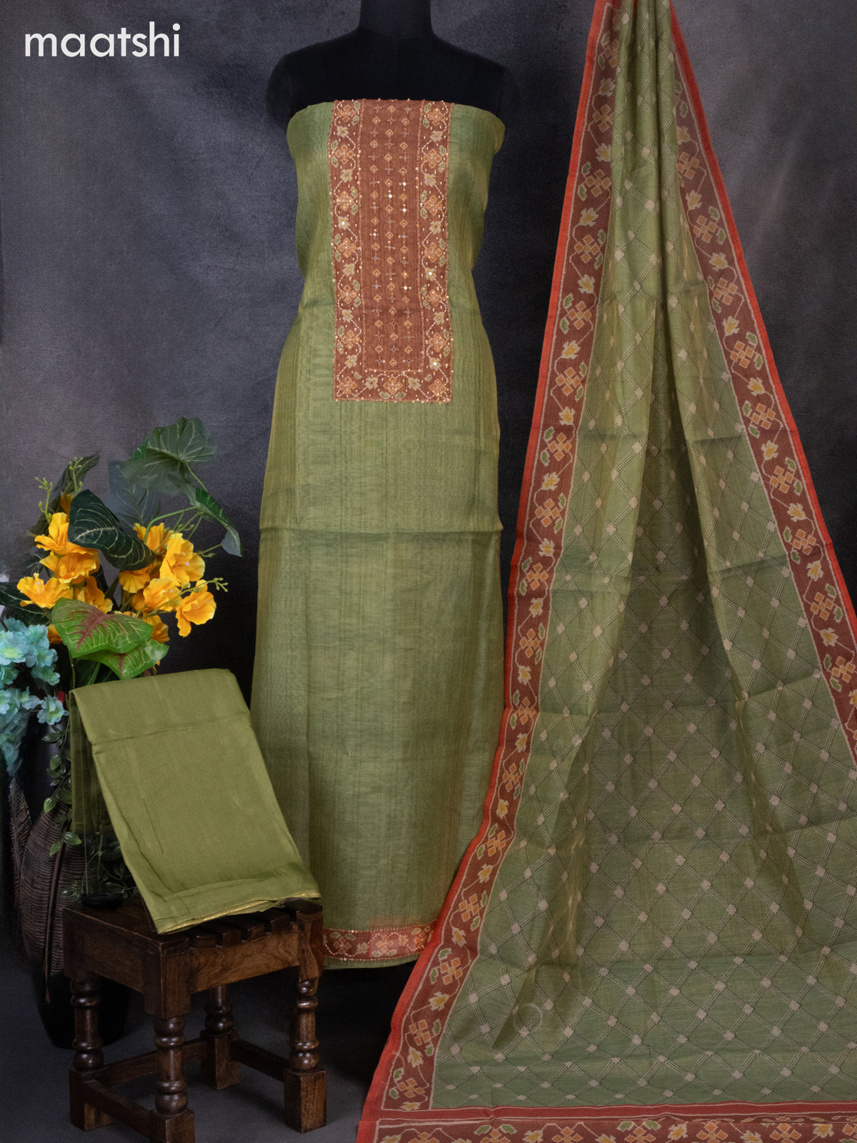 Tissue linen dress material green and brown with sequin & beaded zardosi work neck pattern and bottom & ikat print dupatta