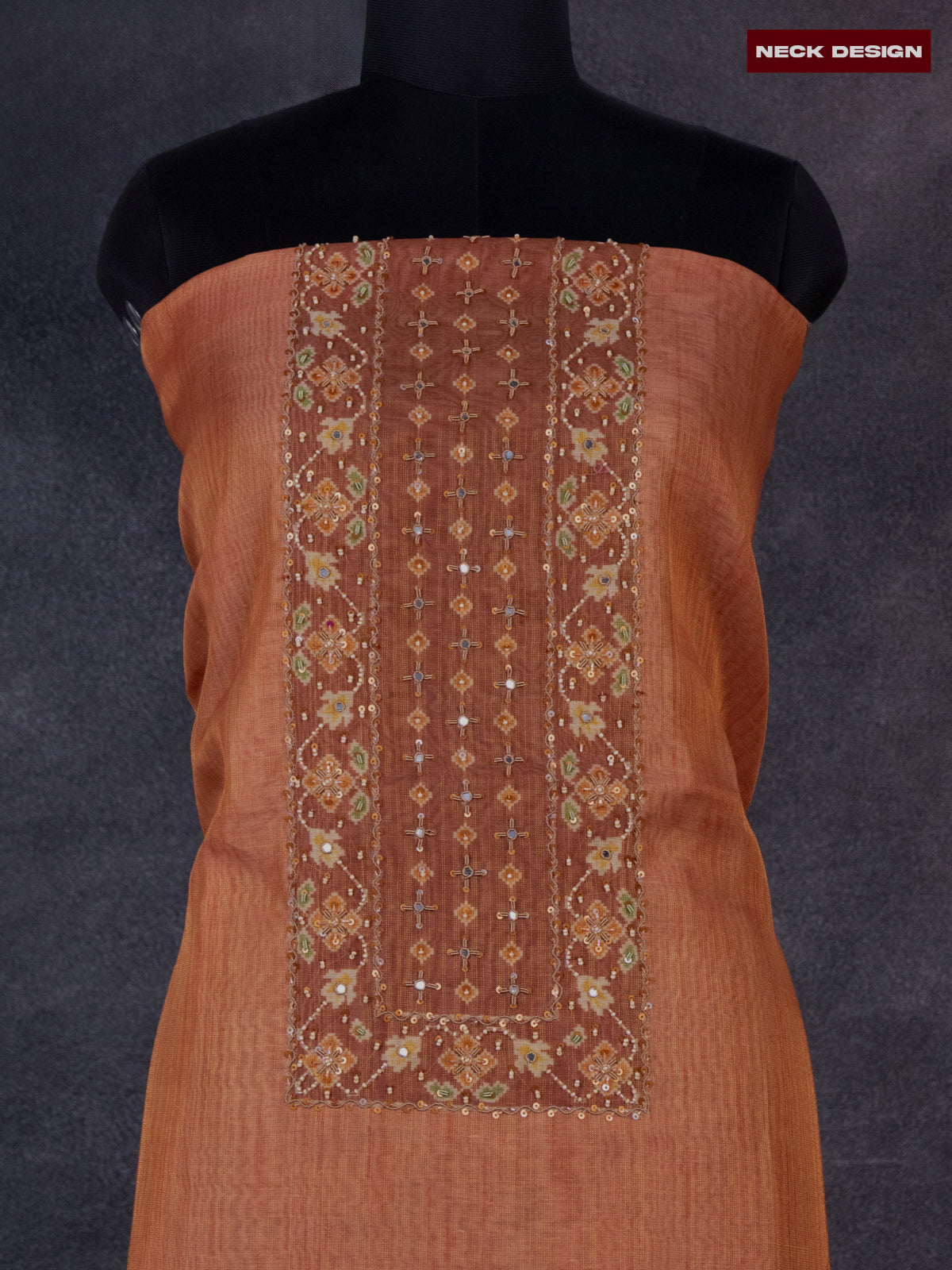 Tissue linen dress material rust orange shade and brown with sequin & beaded zardosi work neck pattern and bottom & ikat print dupatta