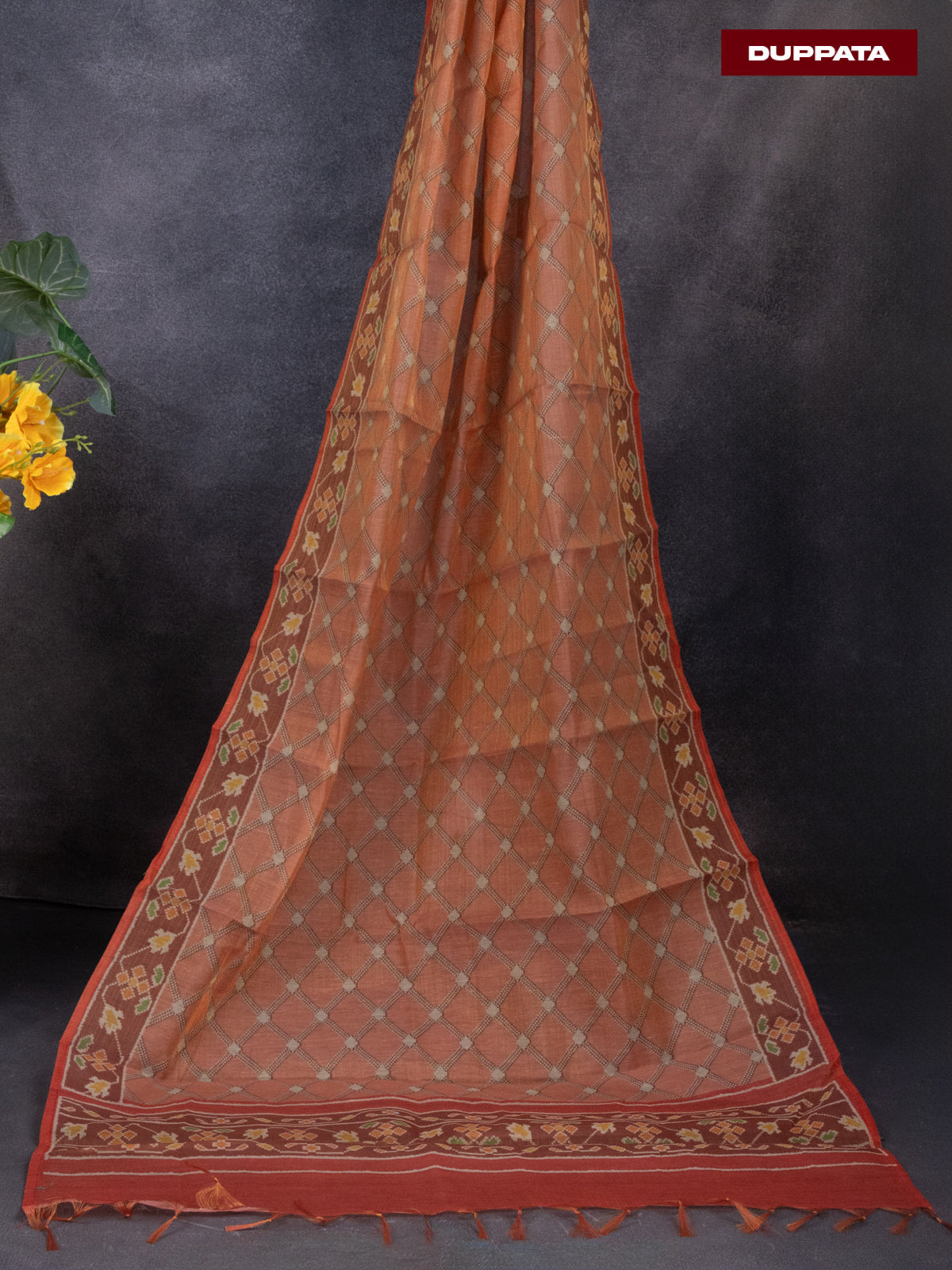 Tissue linen dress material rust orange shade and brown with sequin & beaded zardosi work neck pattern and bottom & ikat print dupatta