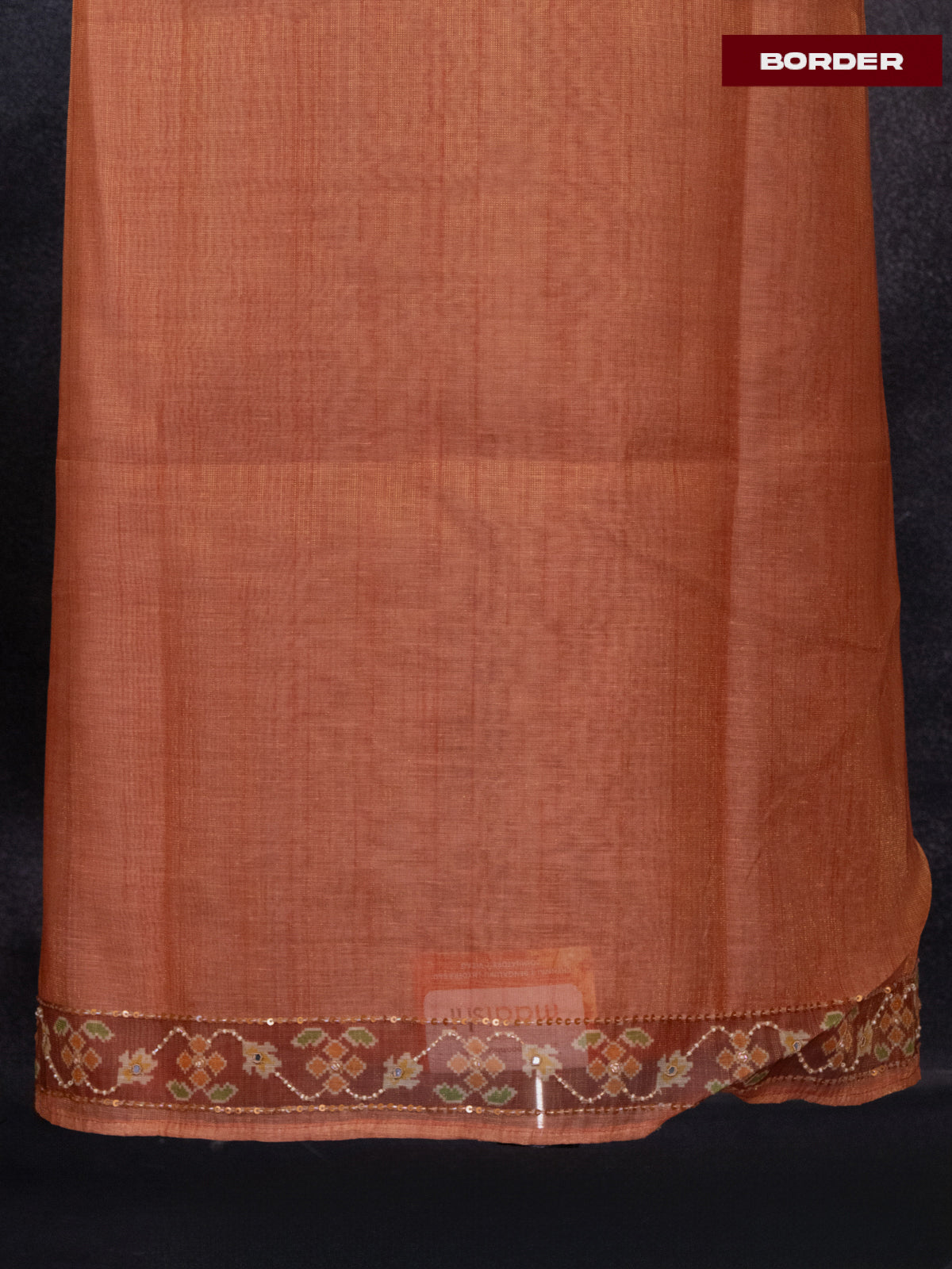 Tissue linen dress material rust orange shade and brown with sequin & beaded zardosi work neck pattern and bottom & ikat print dupatta