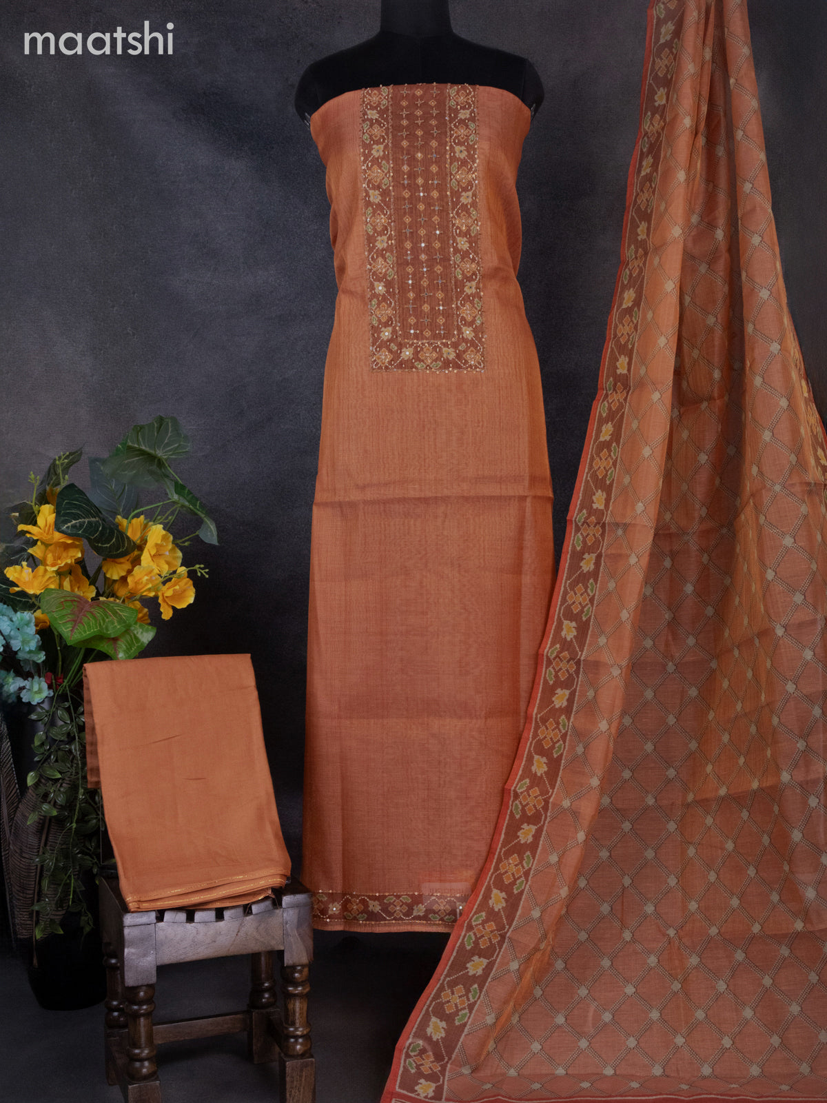 Tissue linen dress material rust orange shade and brown with sequin & beaded zardosi work neck pattern and bottom & ikat print dupatta