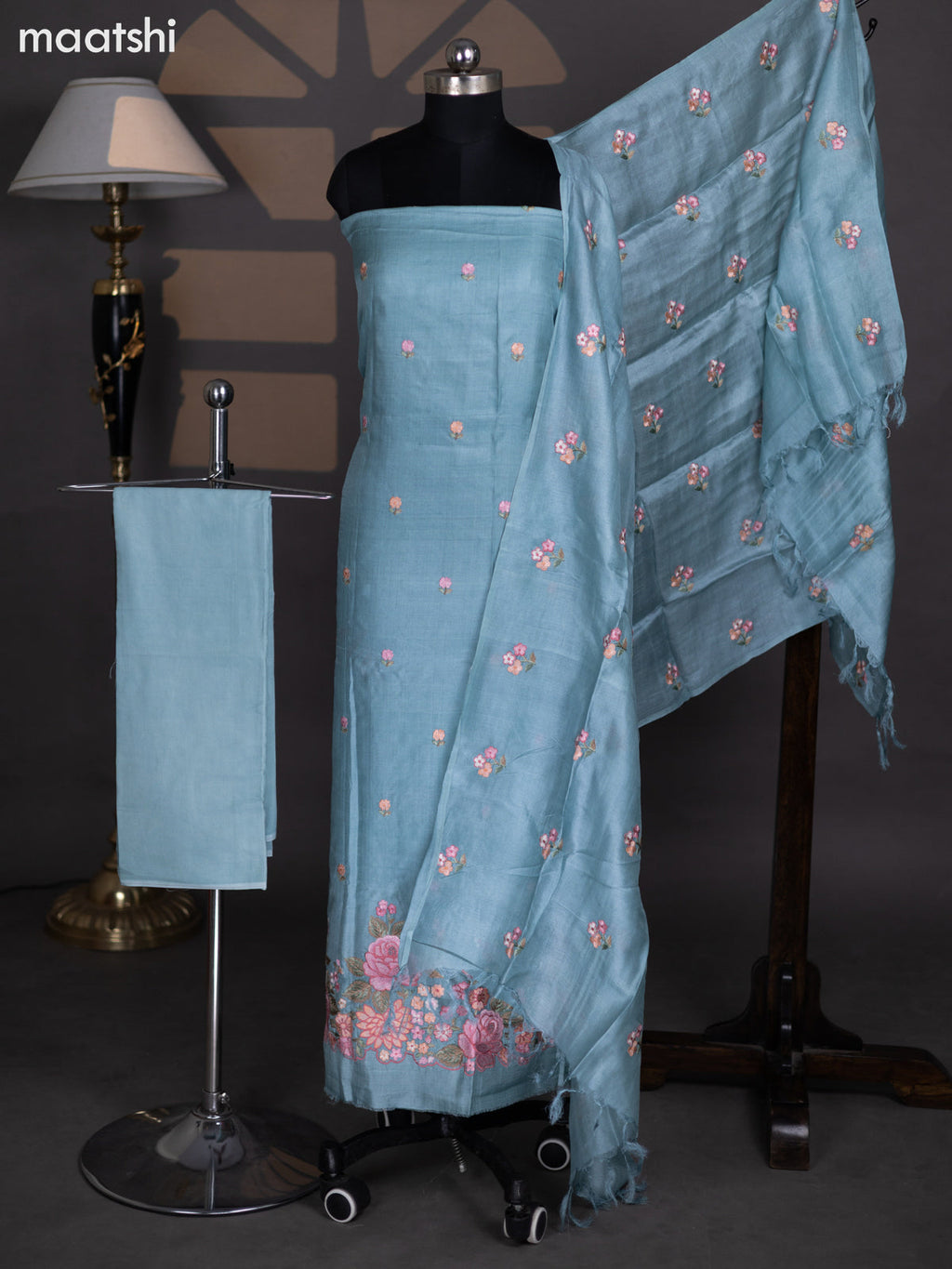 Pastel Blue Pure Tussar Dress Material With Floral Embroidery Work Pattern