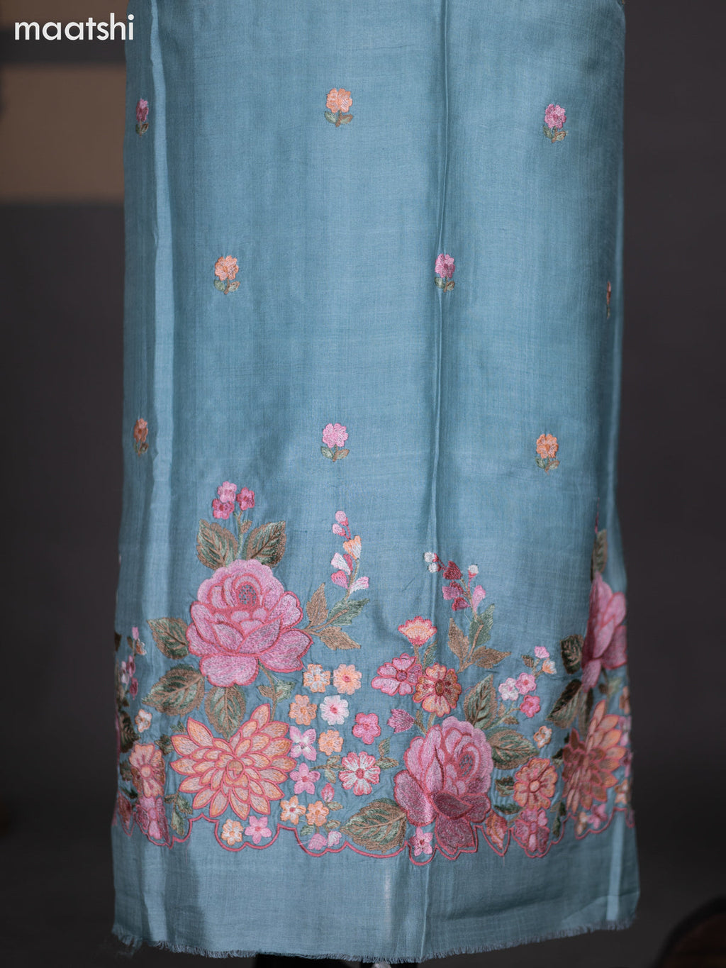 Pastel Blue Pure Tussar Dress Material With Floral Embroidery Work Pattern