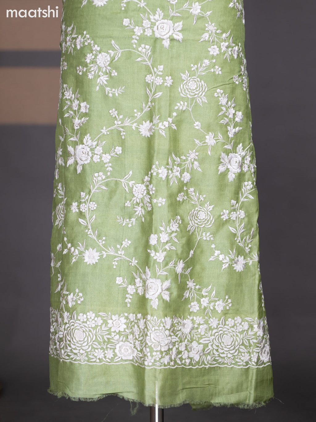 Pastel Green Pure Tussar Dress Material With Floral Embroidery Work Pattern