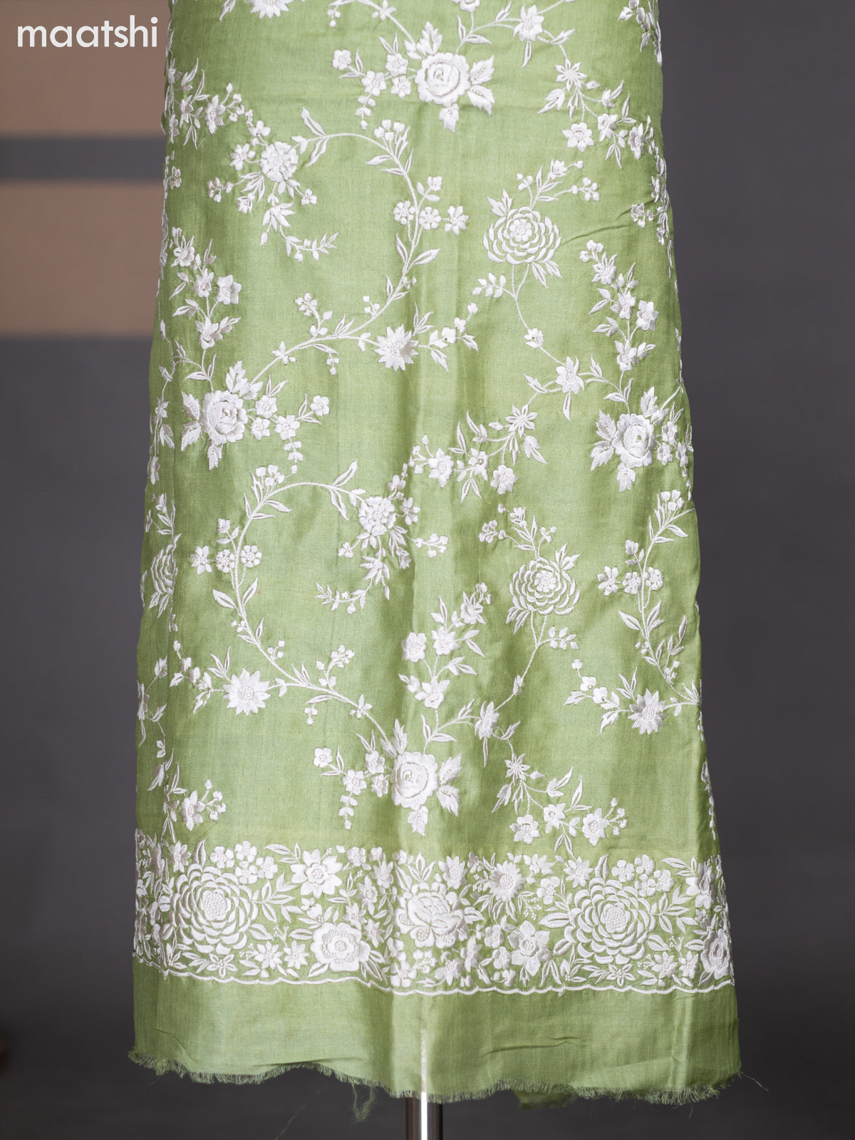 Pastel Green Pure Tussar Dress Material With Floral Embroidery Work Pattern